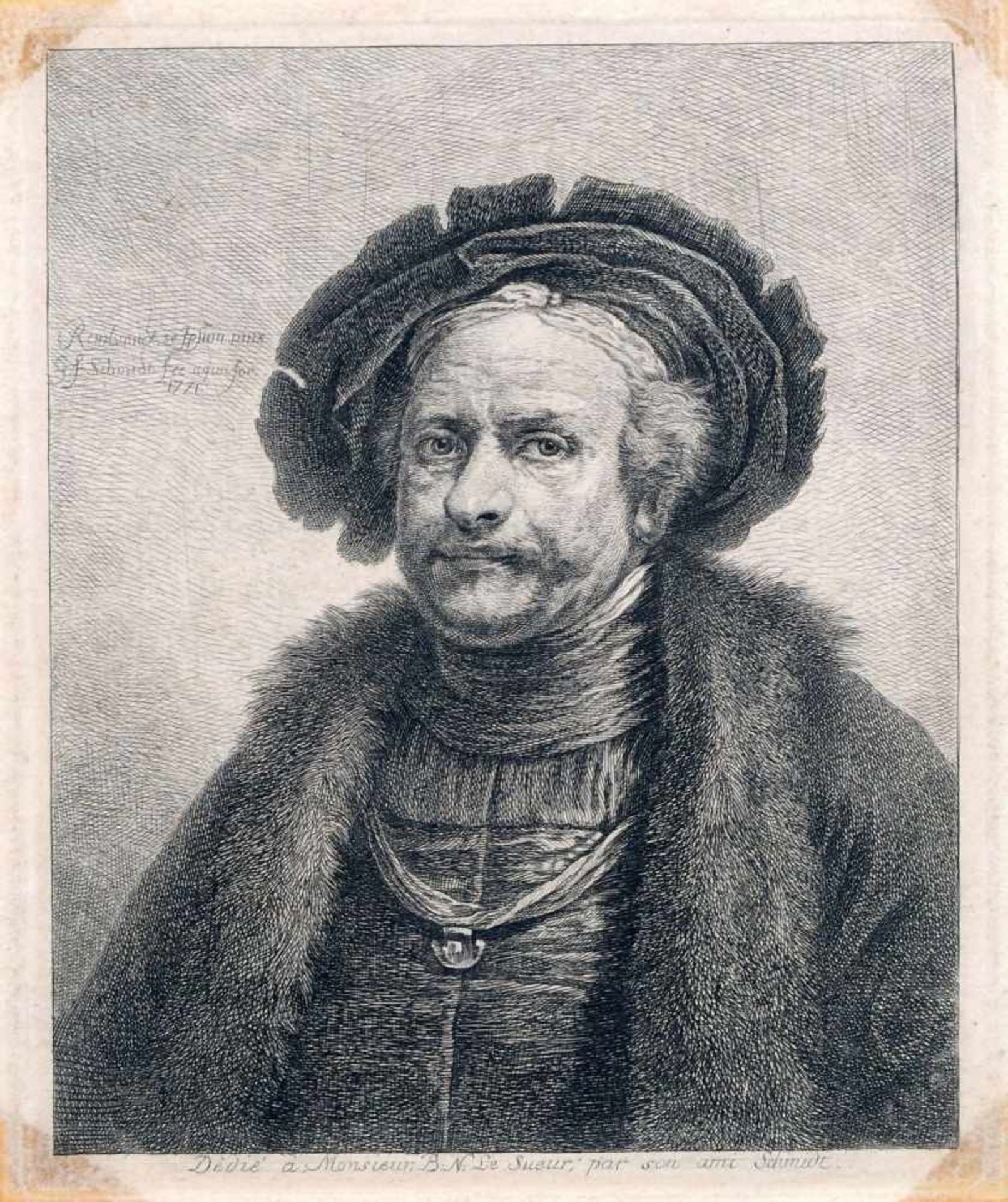 Georg Friedrich Schmidt "Rembrandt, se Ipsum pinx.". 1771. Radierung auf Bütten. In der Platte li.