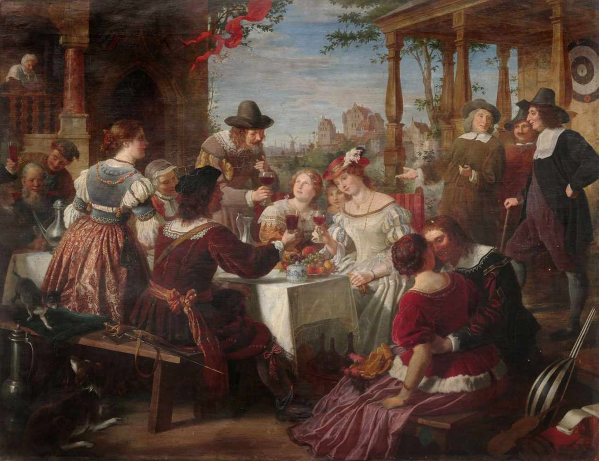 Adolf Wichmann "Ein Gastmahl bei Rembrandt". Um 1866.Öl auf Leinwand. Unsigniert. Im vergoldeten,