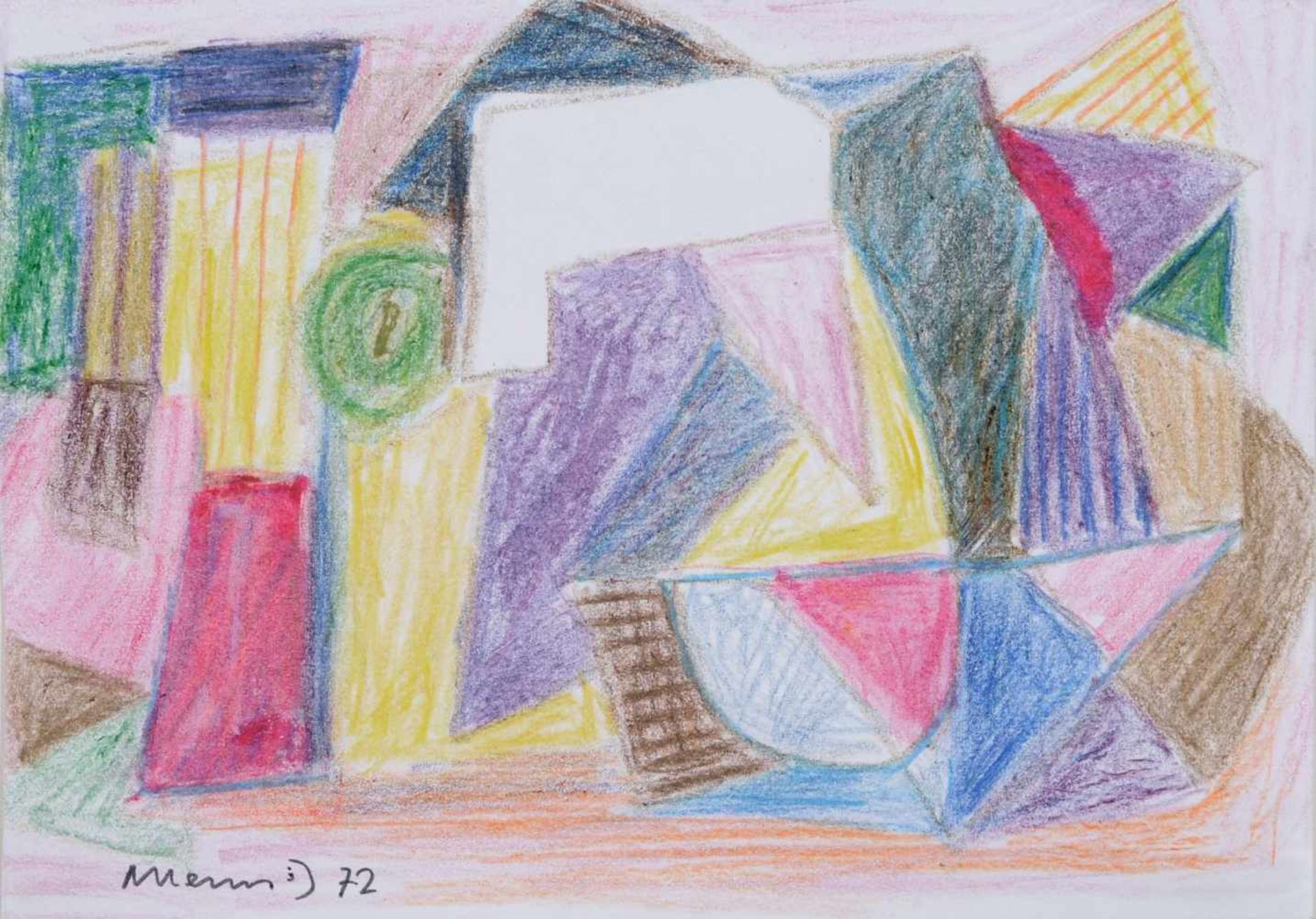 Albert Hennig, Komposition mit Dreiecken in Rosa und Violett. 1972. Farbstiftzeichnung. In