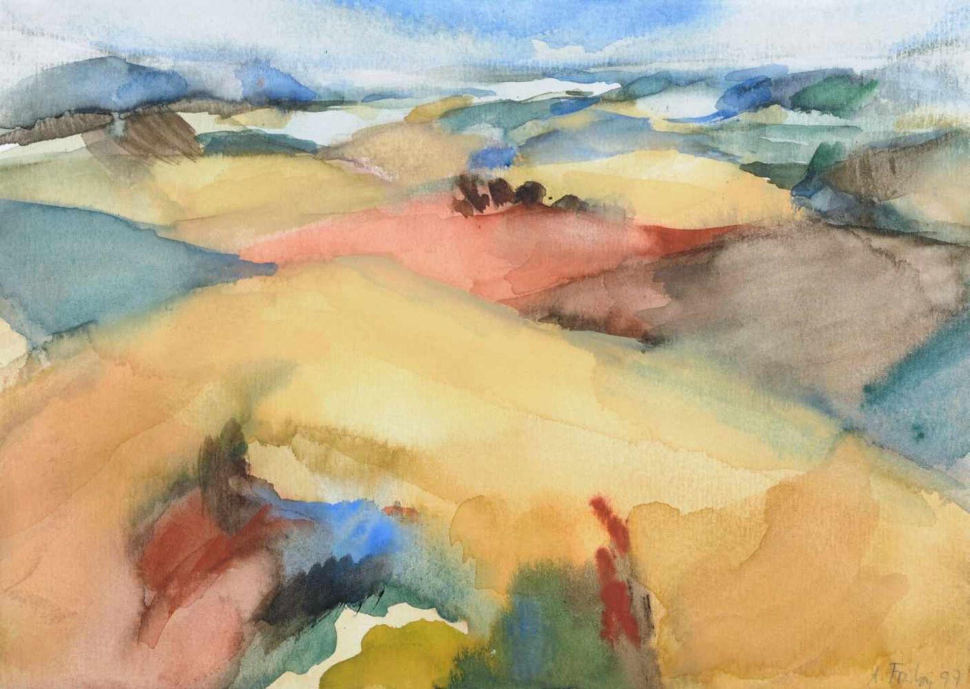 Angela Frübing "Weite Feldlandschaft". 1997. Aquarell auf festem Papier. Signiert in Blei "A.