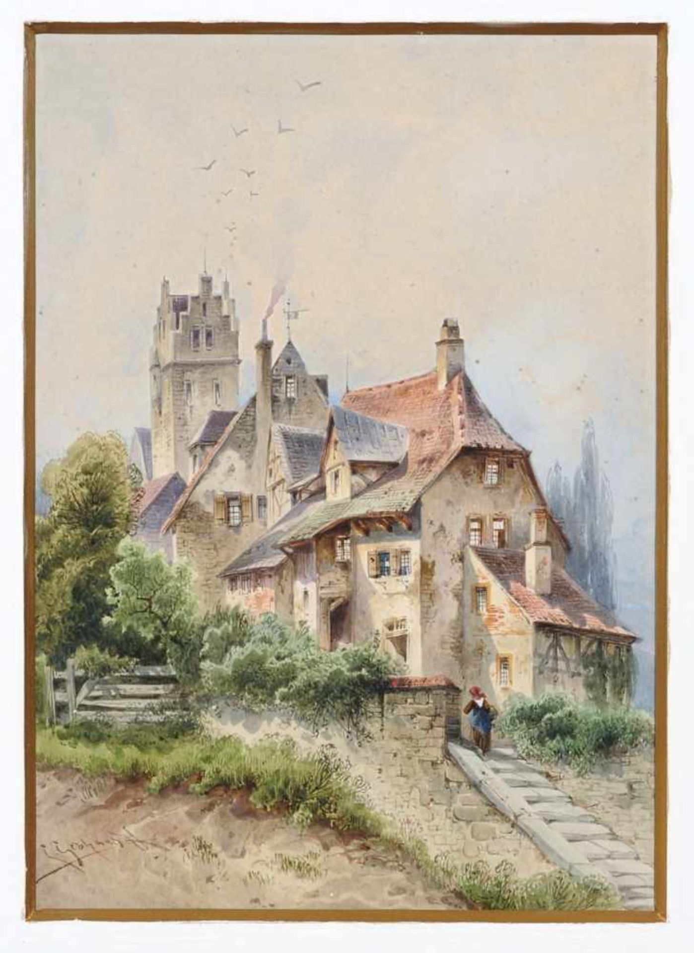 Ludwig Gebhardt (zugeschr.), Romantisches Gutshaus. Wohl 1840er Jahre. Aquarell auf Bütten. Signiert