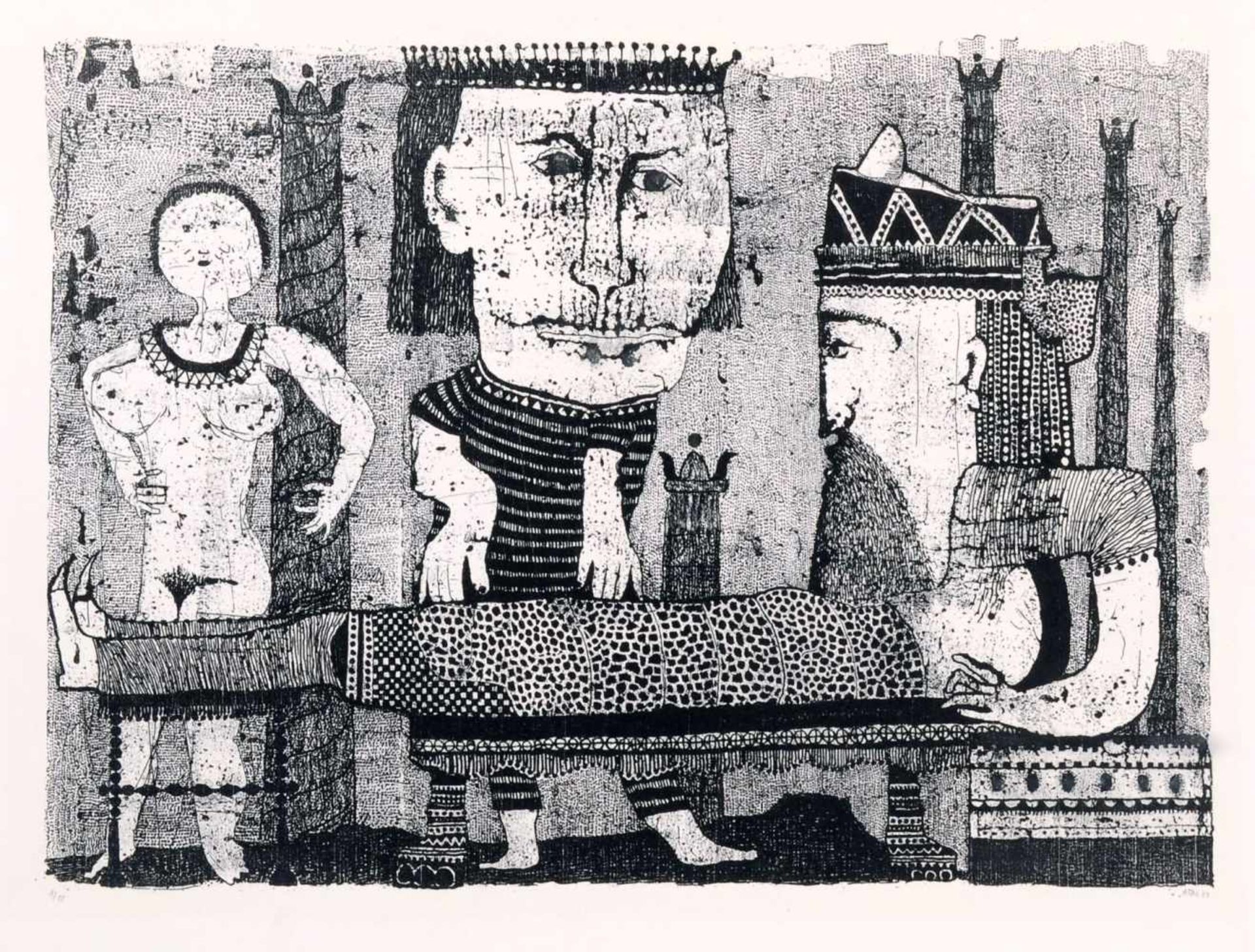 Alfred Traugott Mörstedt "Thronfolgers Sterben". 1969. Lithografie auf festem Papier. Unterhalb