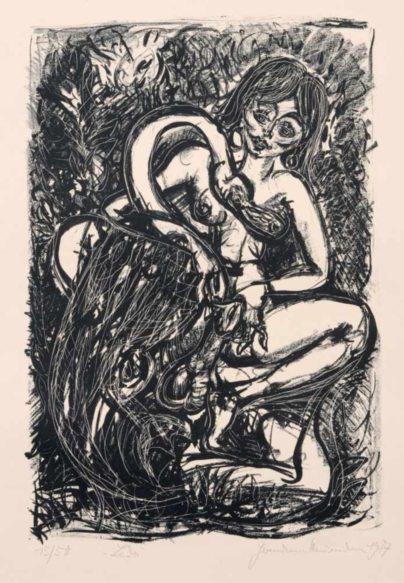 Hermann Naumann "Leda". 1987. Lithografie auf kräftigem "Hahnmühle"-Bütten. In Blei unterhalb der