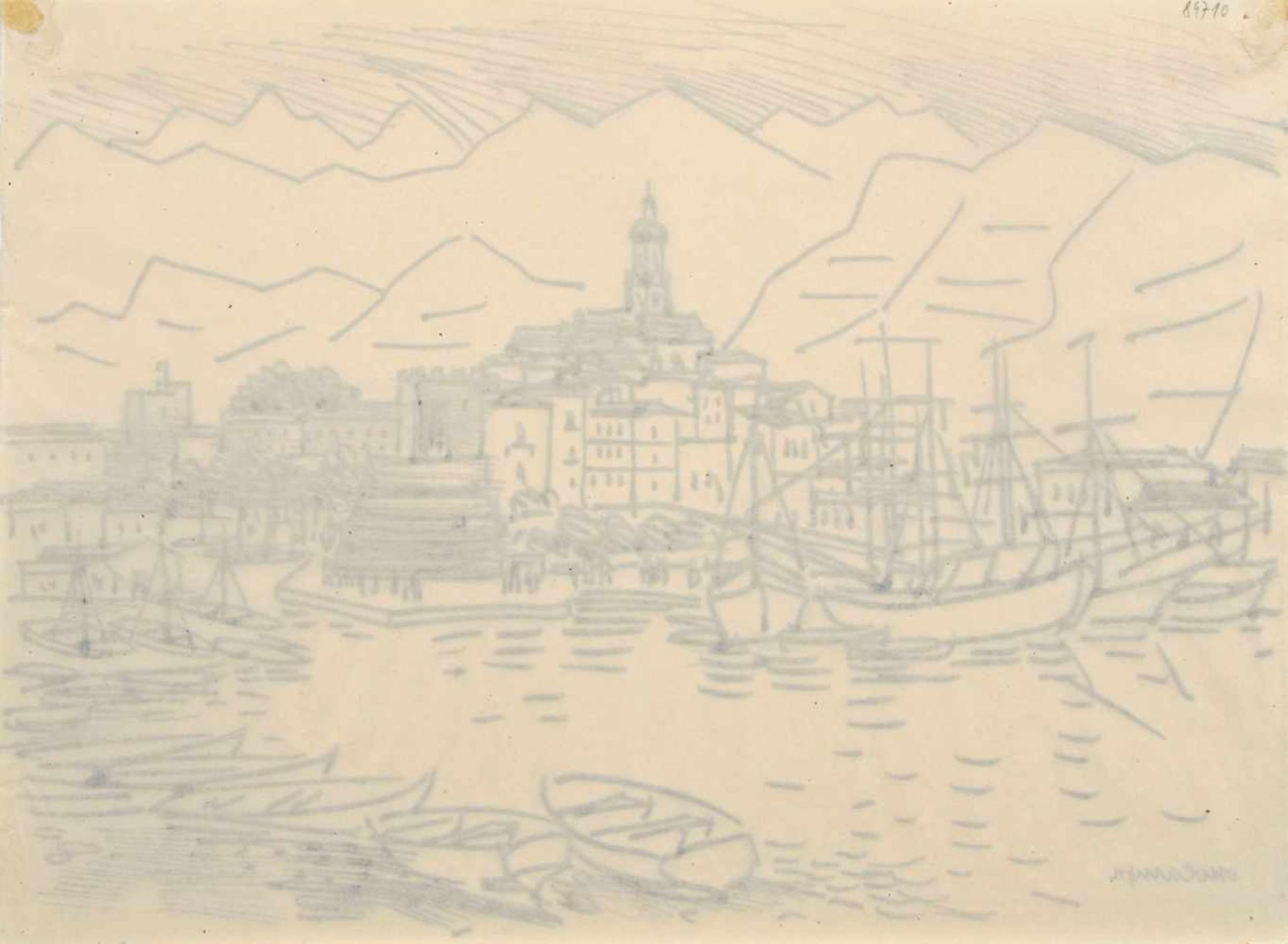 Otto Paul Lange, Südlicher Hafen (am Gardasee?). Wohl um 1922. Federzeichnung (Rohrfeder) in brauner - Bild 2 aus 2