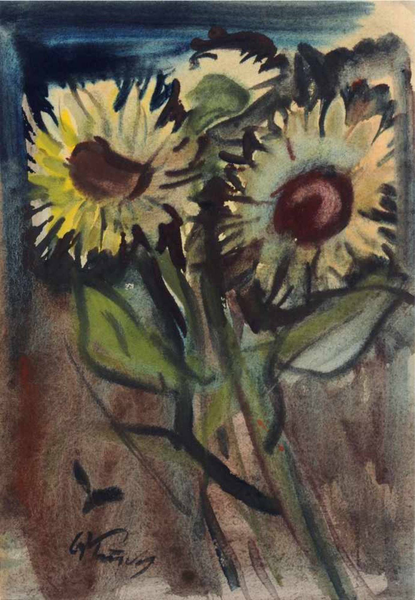 Richard Pusch "Sonnenrosen". 1948. Aquarell auf kräftigem Papier. An den beiden oberen Ecken auf