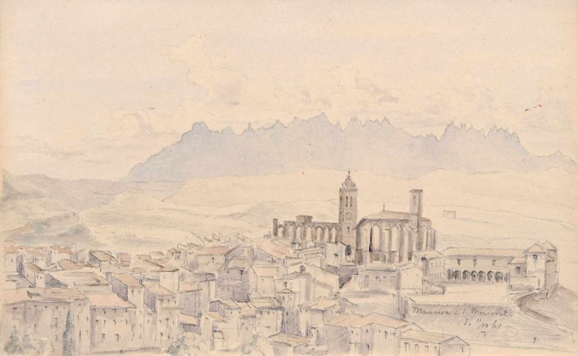 Oscar von Alvensleben "Manresa und der Montserrat". 1861. Aquarell über Bleistiftzeichnung auf