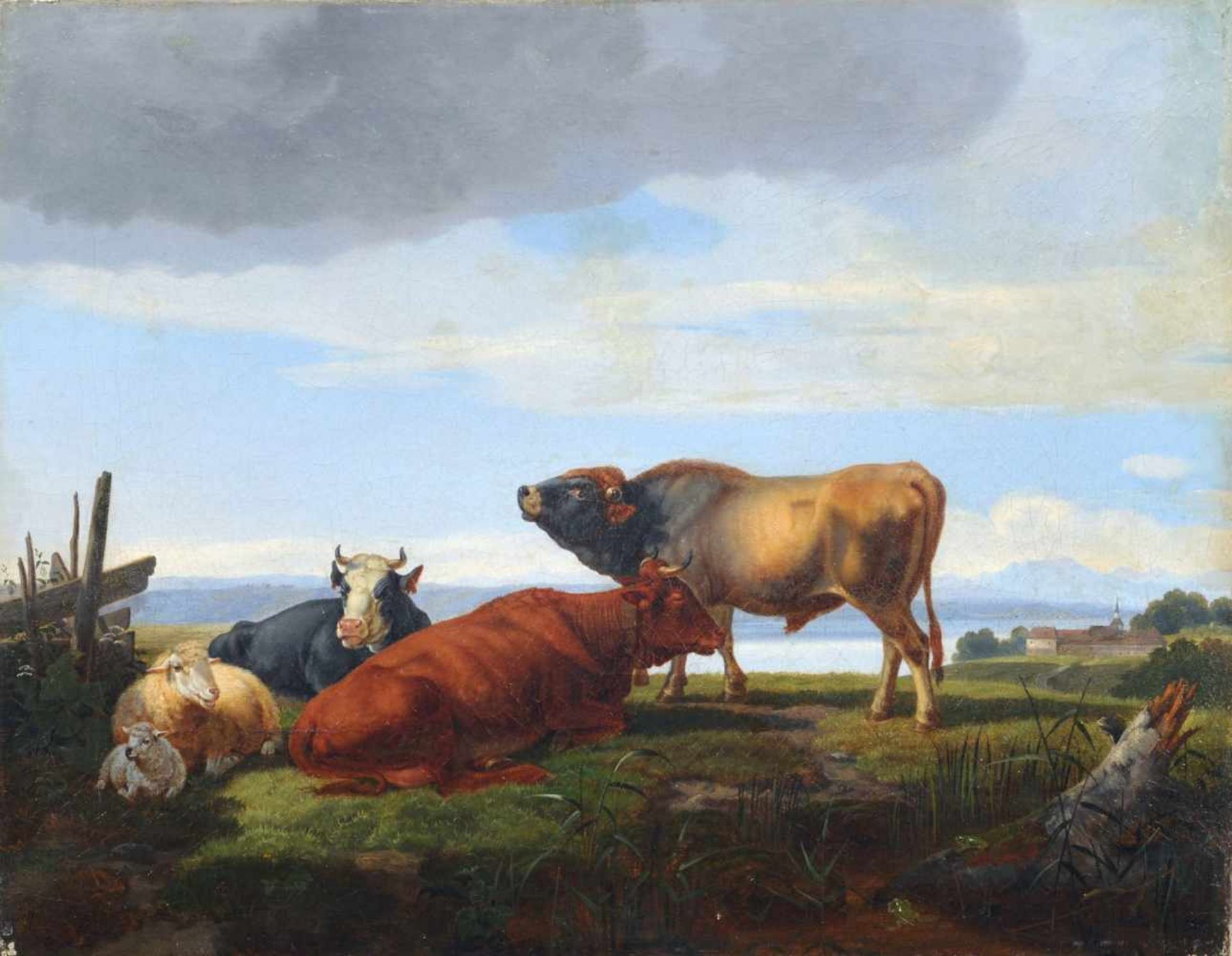 Friedrich Carl Joseph Simmler "Viehstück mit Stier, zwei Kühen und Schafen". 1831. Öl auf