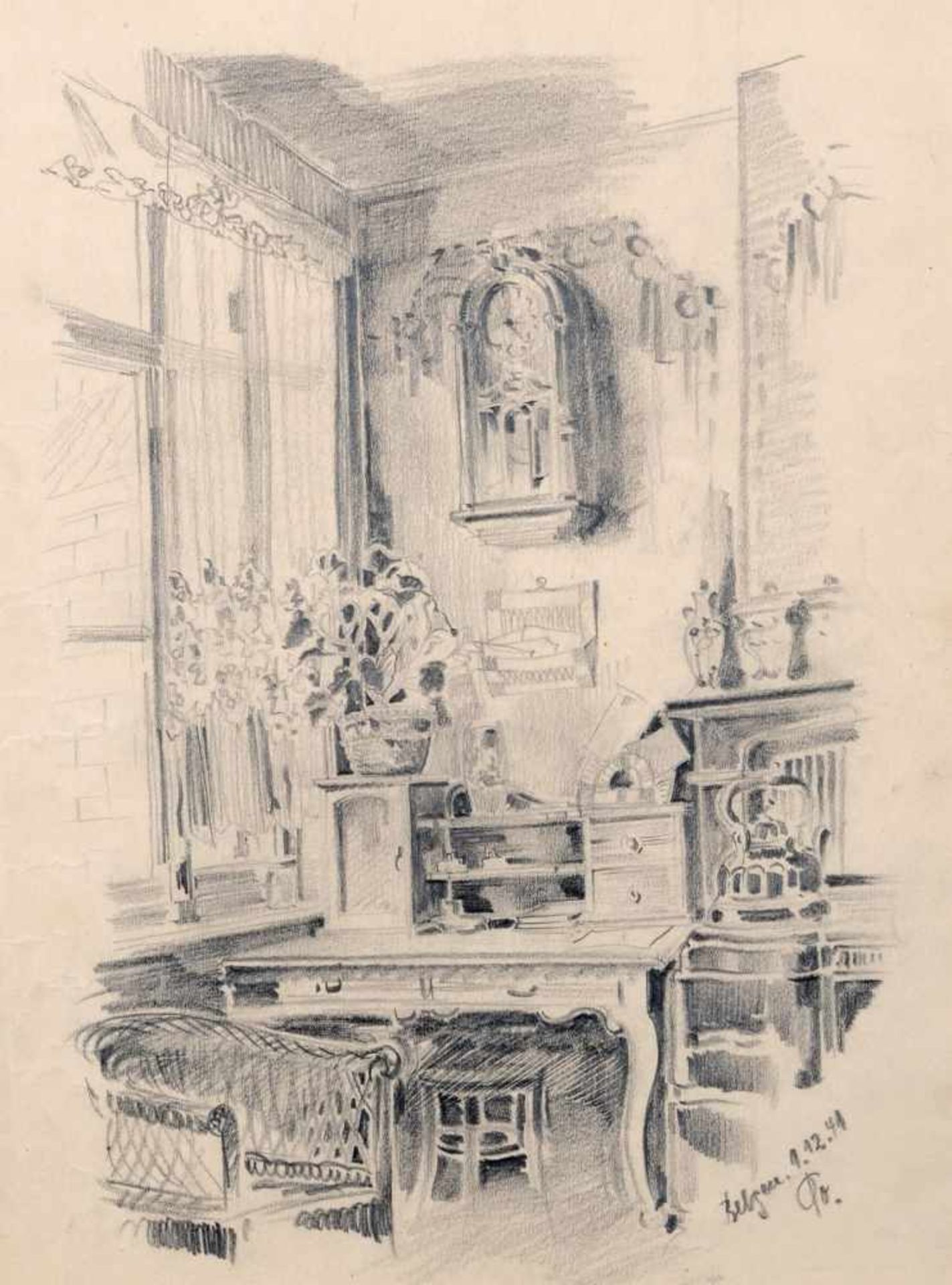 Sächsischer Zeichner, Interieur mit Schreibtisch und Uhr. 1941. Bleistiftzeichnung. In Blei u.re.