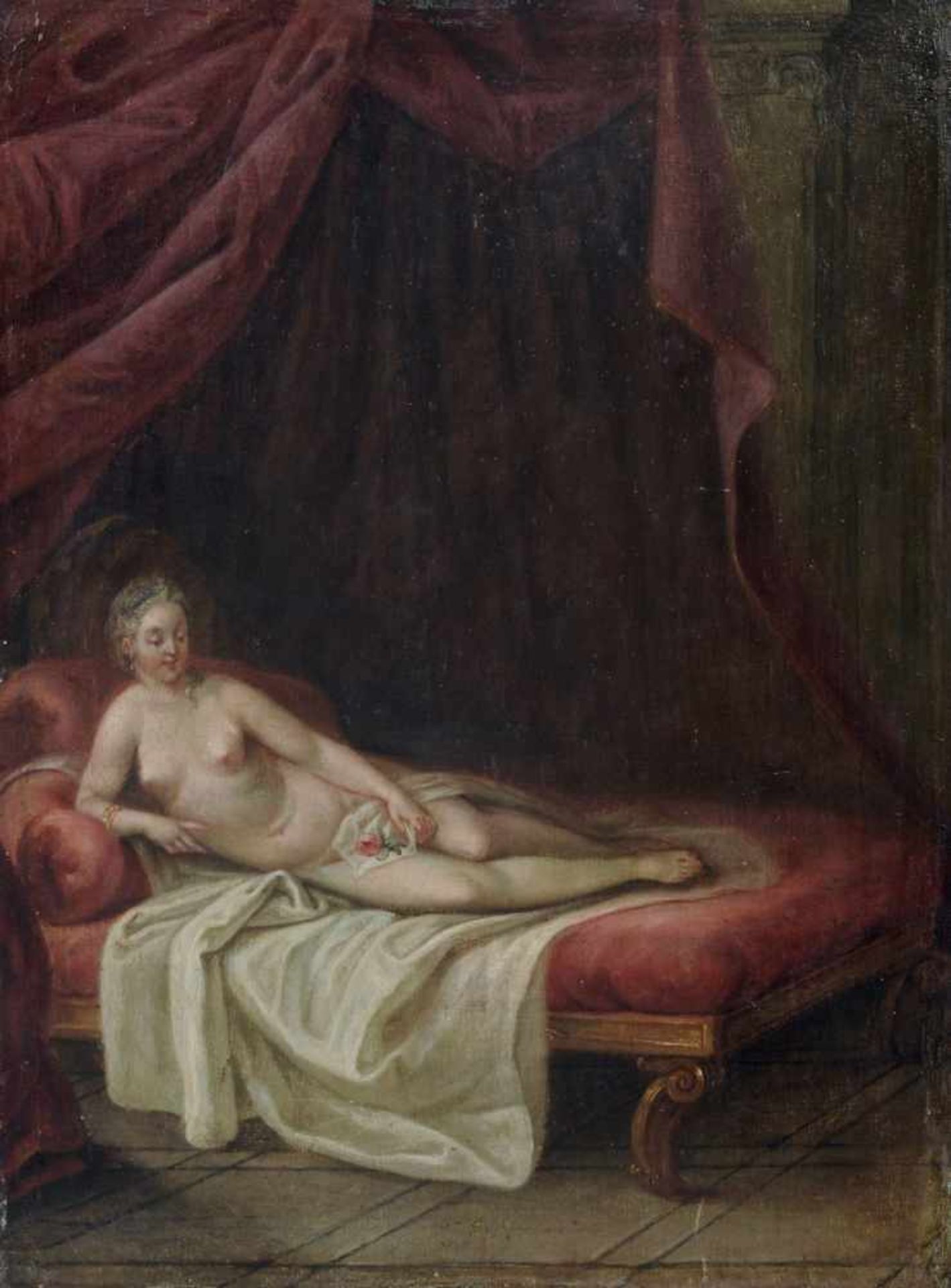 Französischer (?) Maler, Liegender weiblicher Akt mit Rose. 18. Jh. Öl auf Holz. Unsigniert. Verso