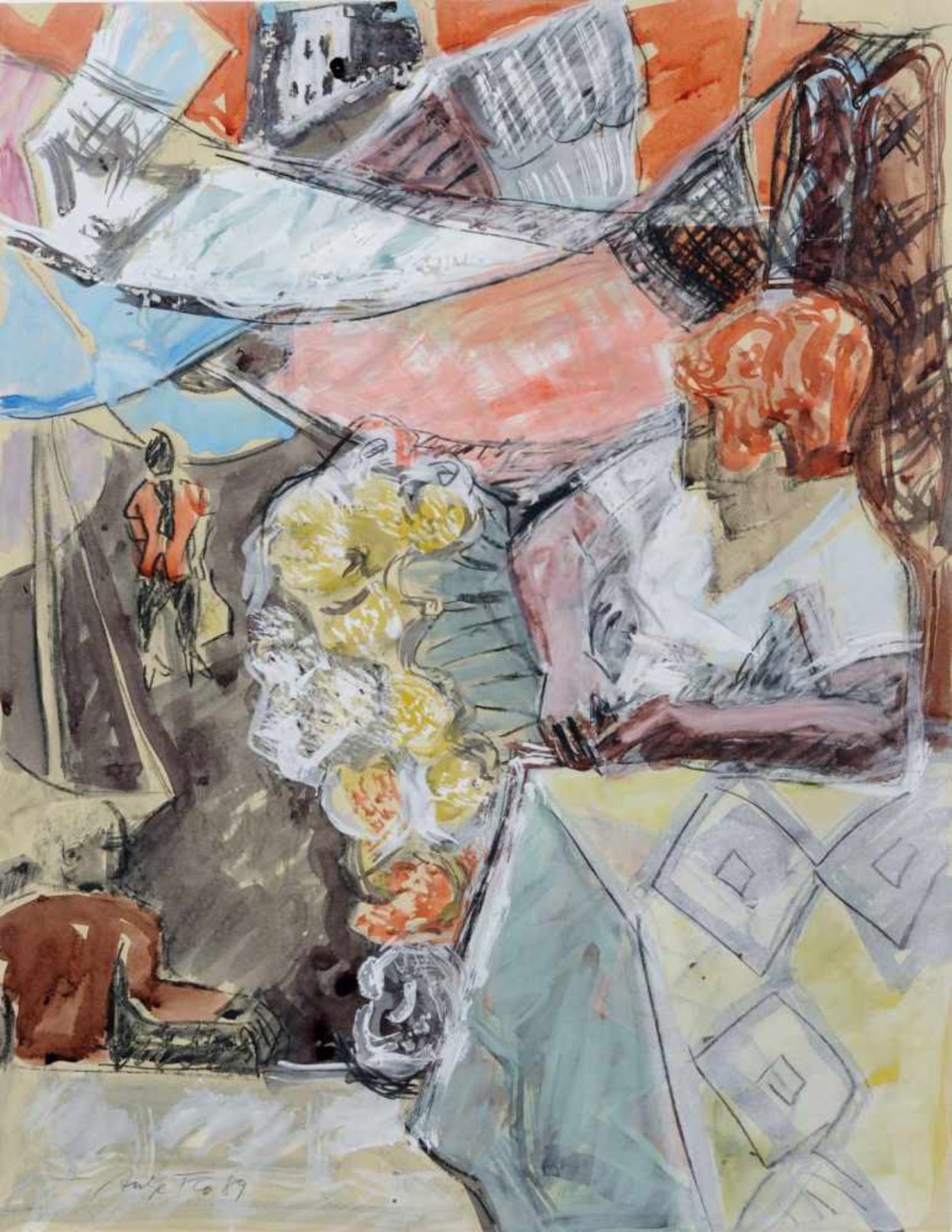 Antje Fretwurst-Colberg "Blumenmarkt am 2. November". 1989. Gouache über Kohle und Tusche auf