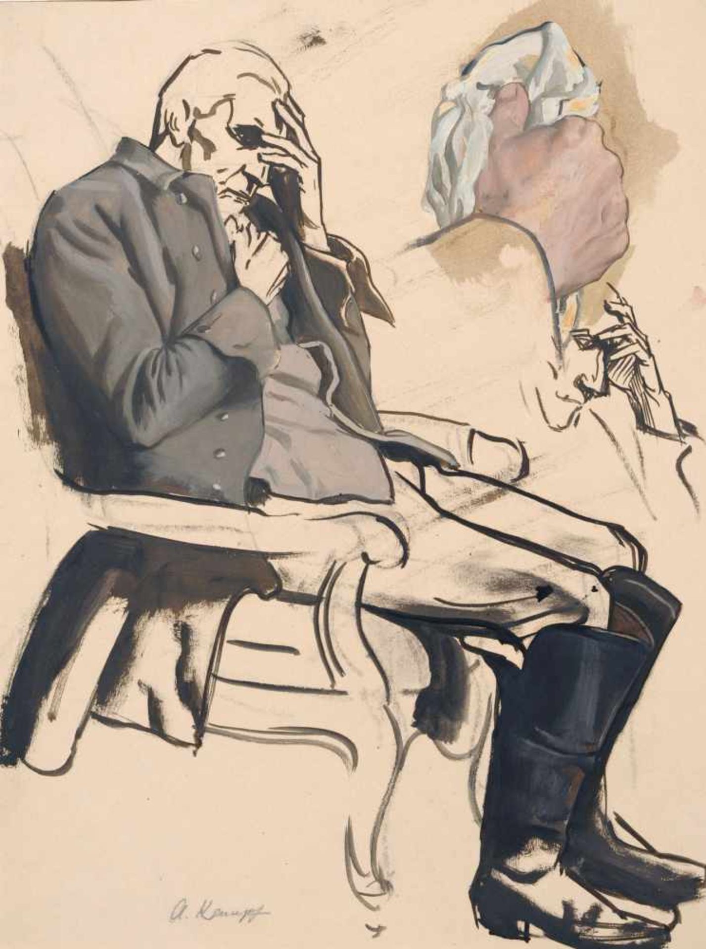 Arthur Kampf, Sitzender Mann und Studie einer Hand. Ohne Jahr. Gouache und Öl auf gelblichem Papier.