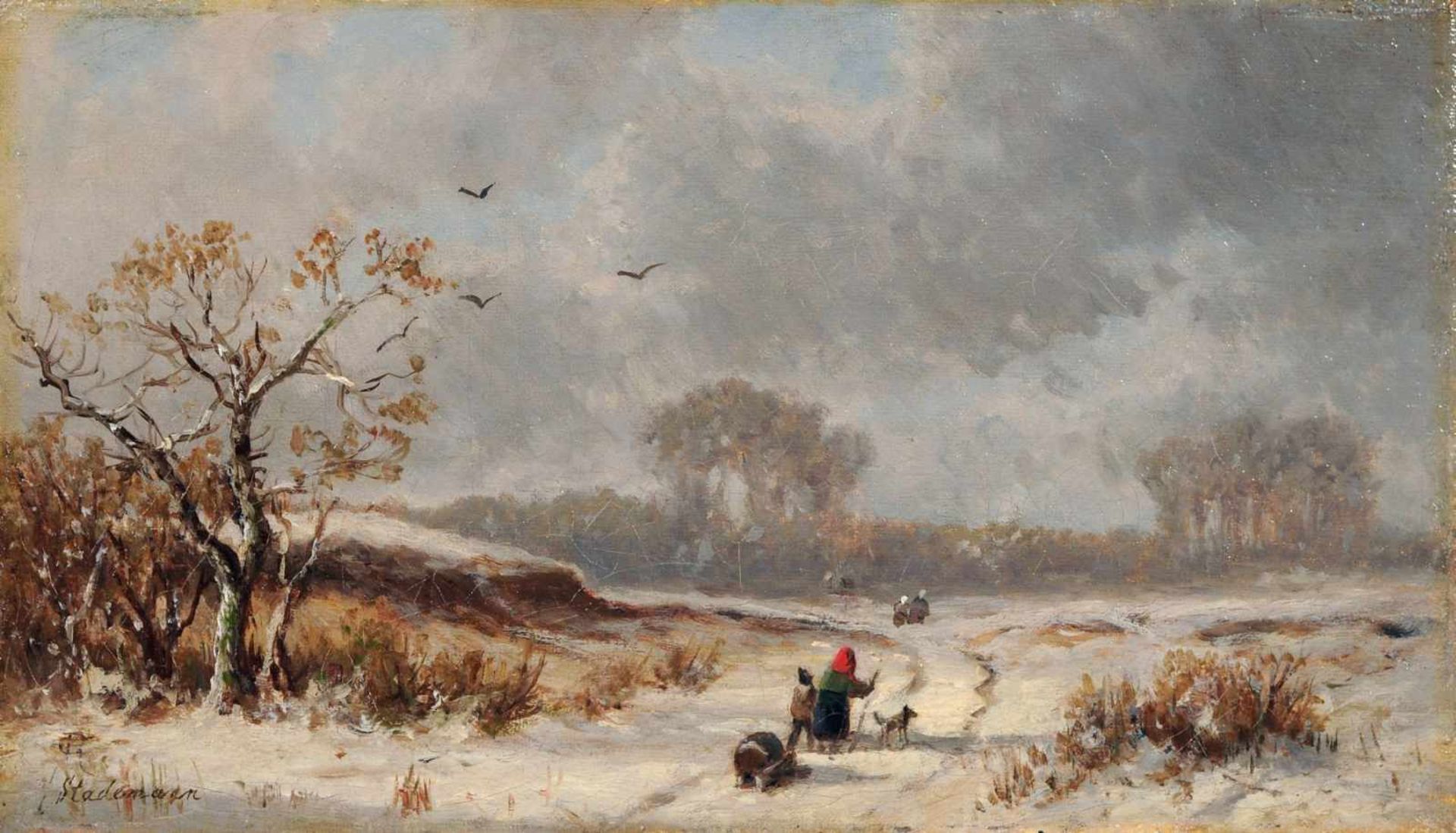 Adolf Stademann, Winterlandschaft mit heimkehrenden Bauern. Mitte 19. Jh. Öl auf Leinwand.