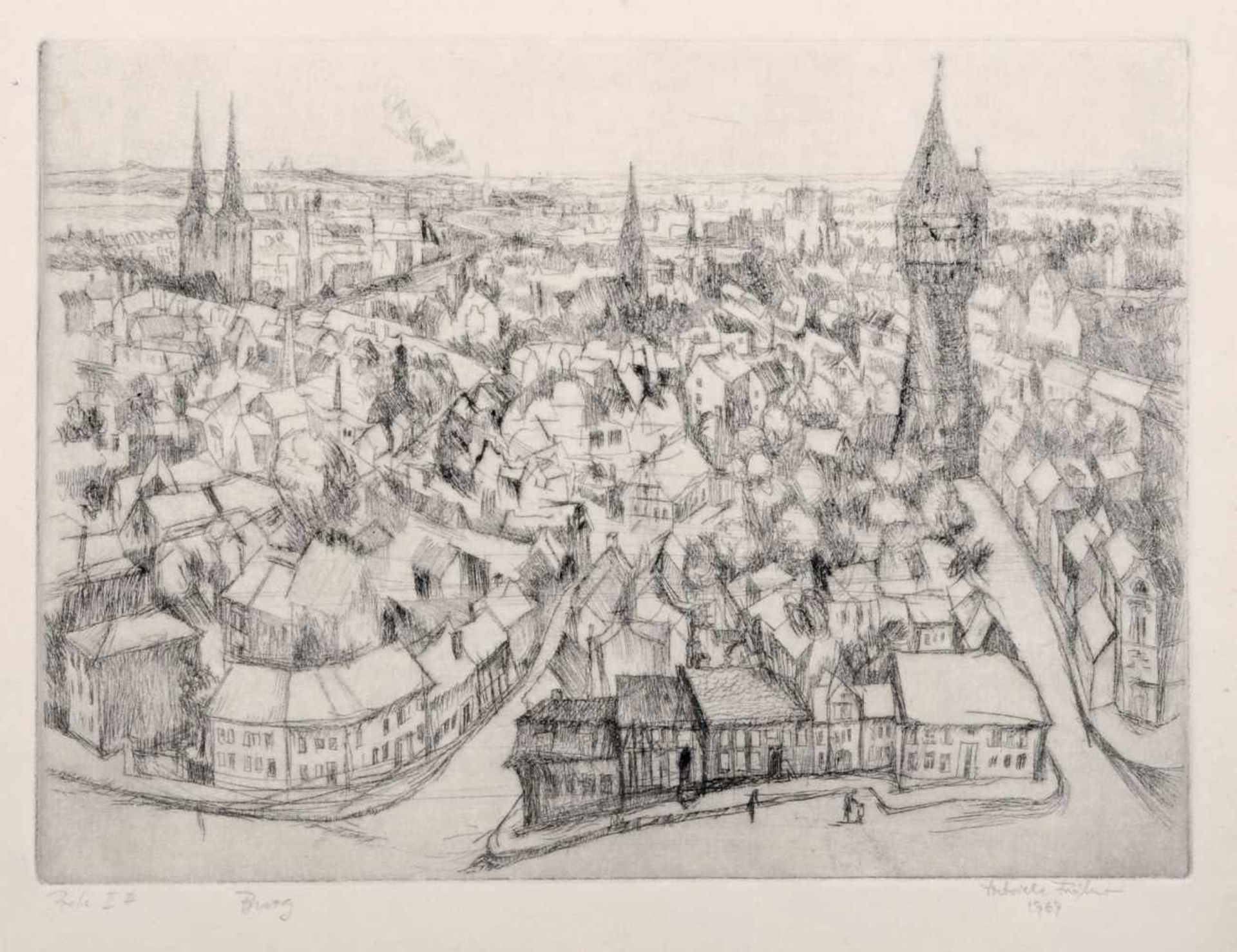 Dietrich Fröhner, Vier Ansichten vom Walzwerk, der Stadt Burg und eine Kirchenfassade. 1969. - Bild 4 aus 4