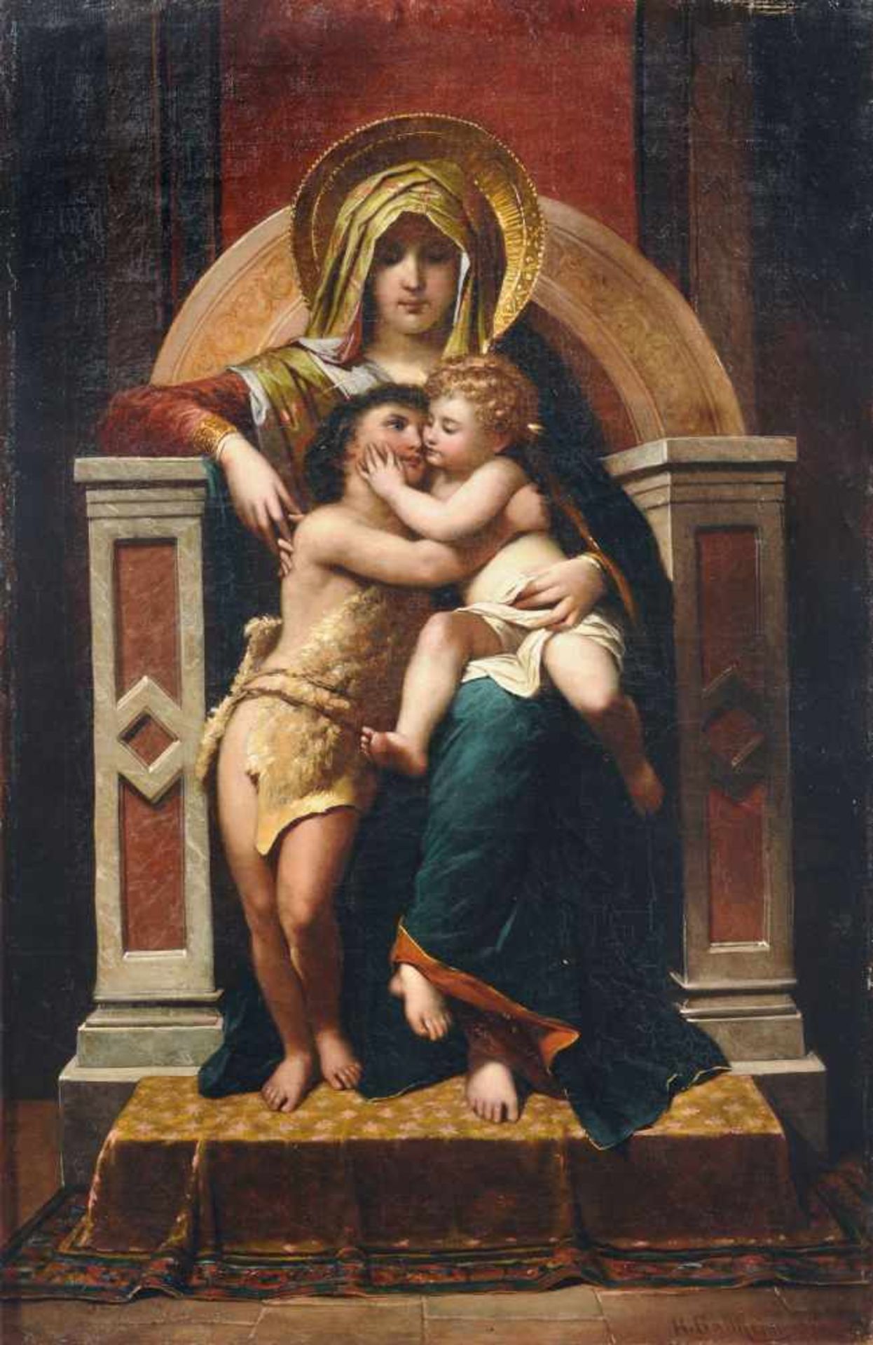 H. Ballheim, Thronende Madonna mit Jesus und Johannes. Um 1850-1880. Öl auf Leinwand. Signiert "H.