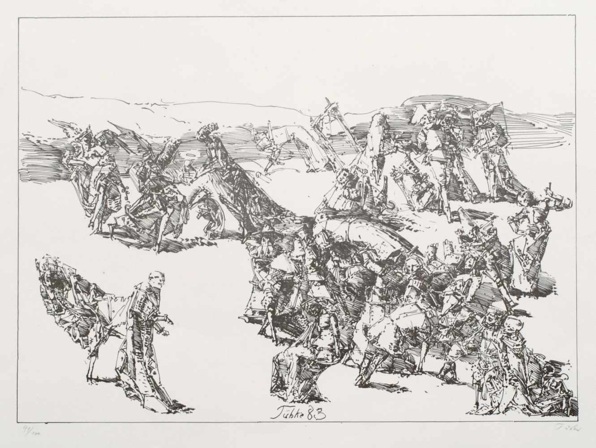 Werner Tübke "Karneval". 1983. Federlithografie in Olive auf kräftigem Bütten. Im Stein u.Mi.