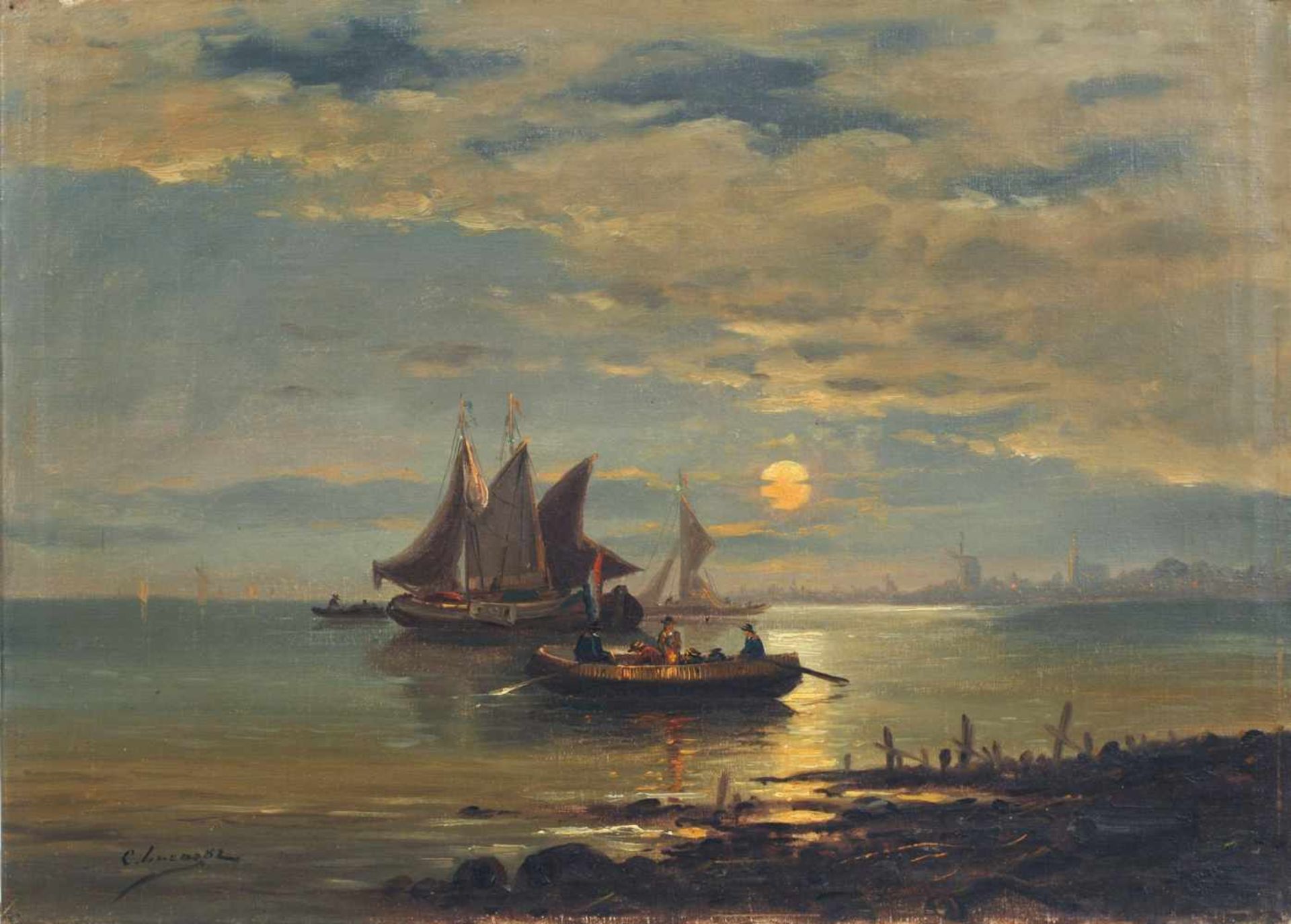 C. Lucas, Holländische Küstenlandschaft mit Segelbooten und Windmühlen. 1882. Öl auf Leinwand.