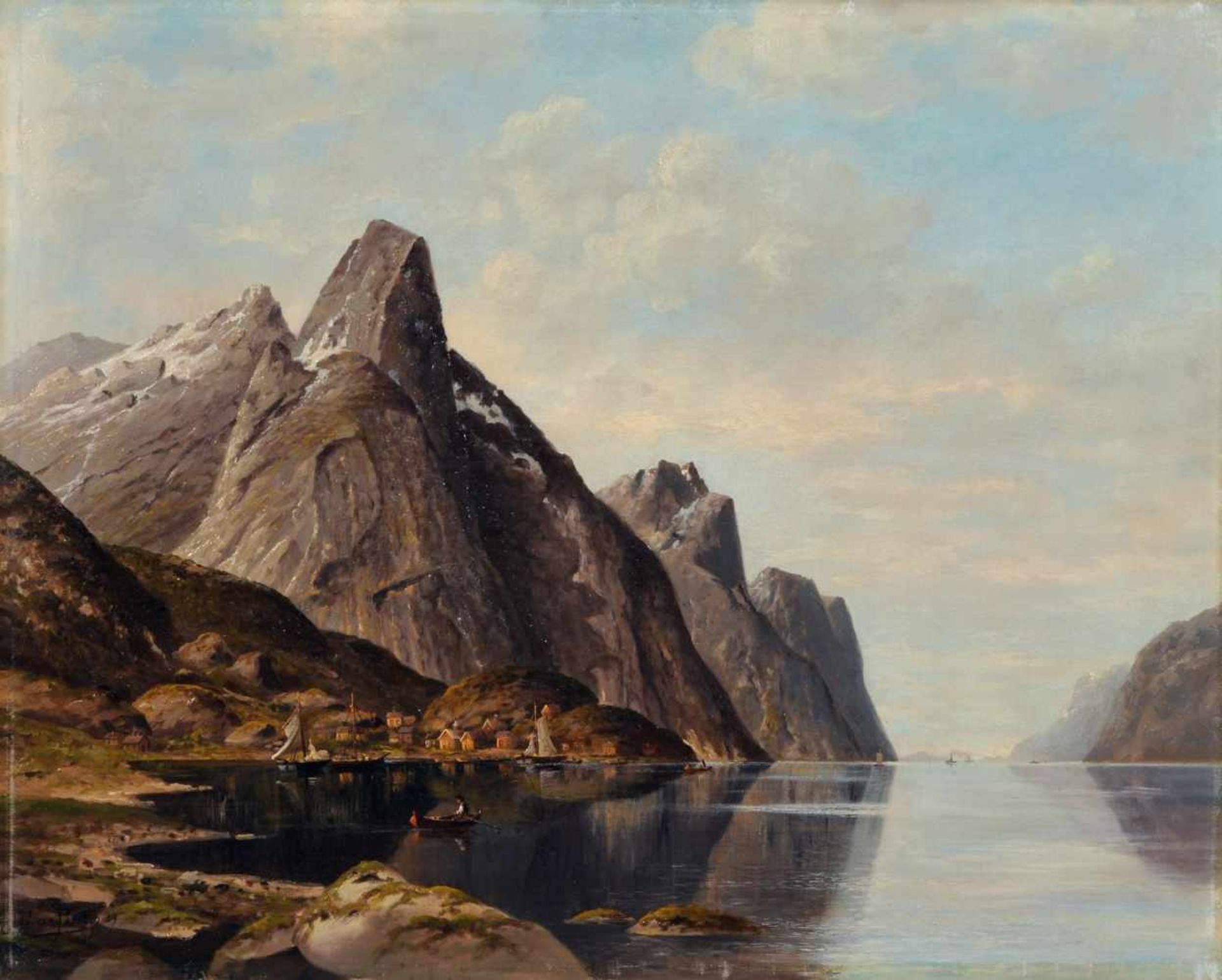 Jacobus Johannes van Poorten, Norwegische Fjordlandschaft mit Fischerbooten. 1889. Öl auf