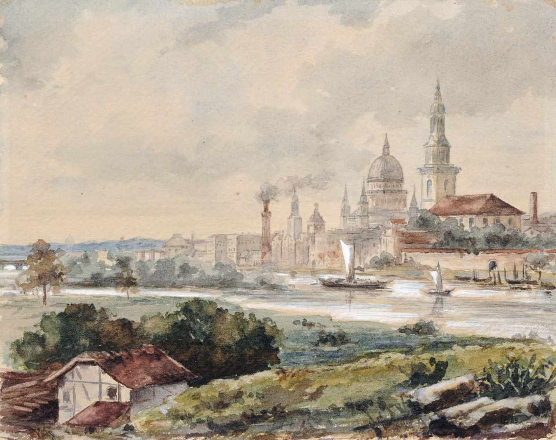 Louise Pagenkopf, Blick über die Havel auf die Altstadt von Potsdam. 1889. Aquarell auf Malpappe.