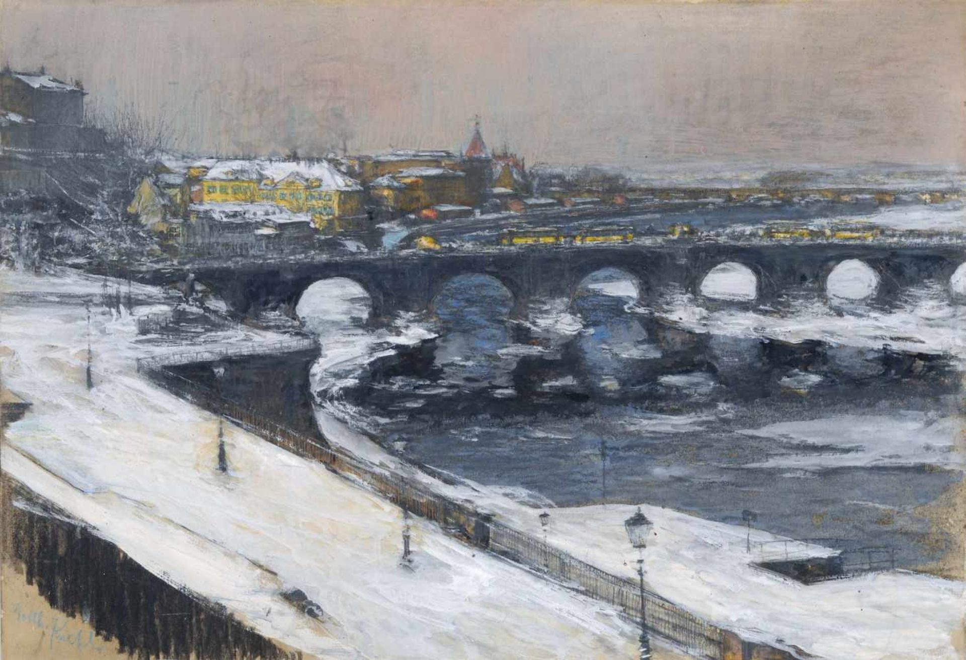 Gotthardt Kuehl "Augustusbrücke im Winter" (Dresden). Wohl um 1903. Gouache und Pastellkreide über