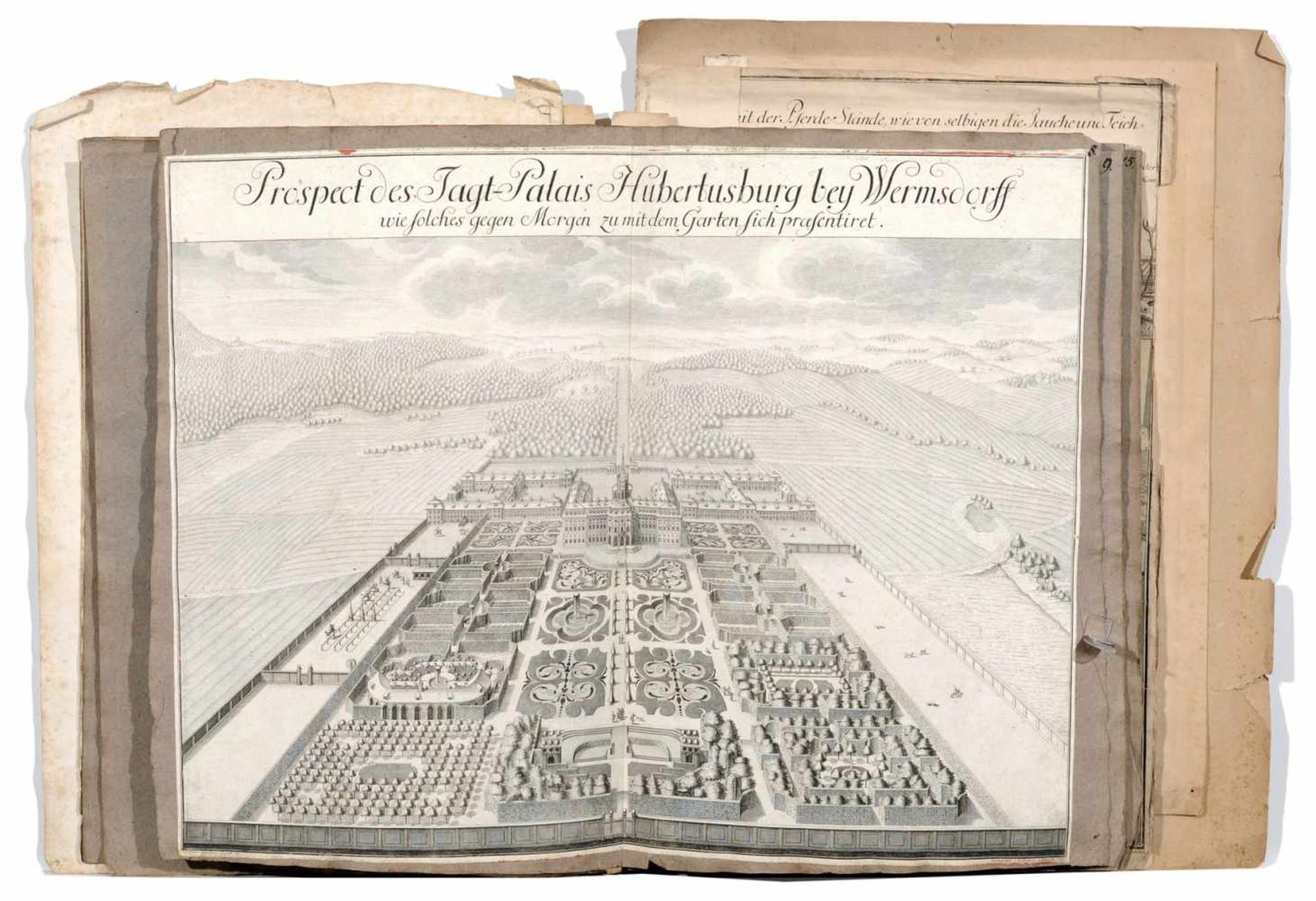 Johann Christoph von Naumann "Vorstellung des Jagt-Palaies Hubertusburg". 1727. Kupferstiche. - Bild 3 aus 10