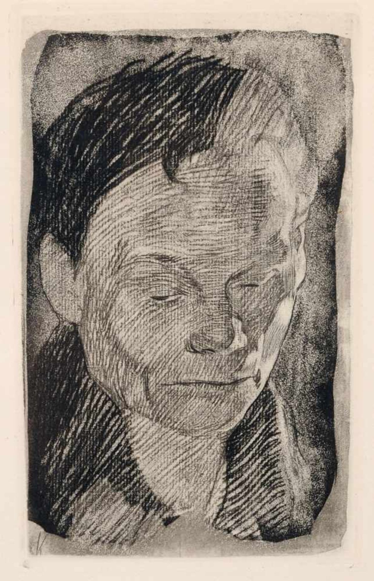 Käthe Kollwitz " Frauenkopf". 1905. Vernis mou auf Bütten. In der Platte monogrammiert "K" u.li.