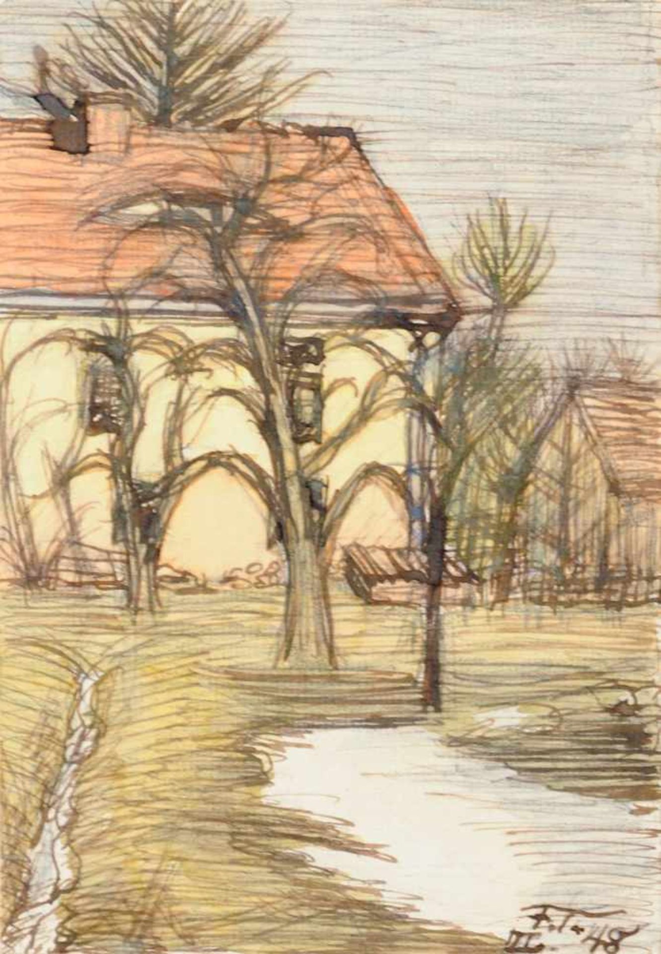 Fritz Tröger, Blick auf die Försterei in Laske. 1948. Aquarell und Federzeichnung in Tusche über