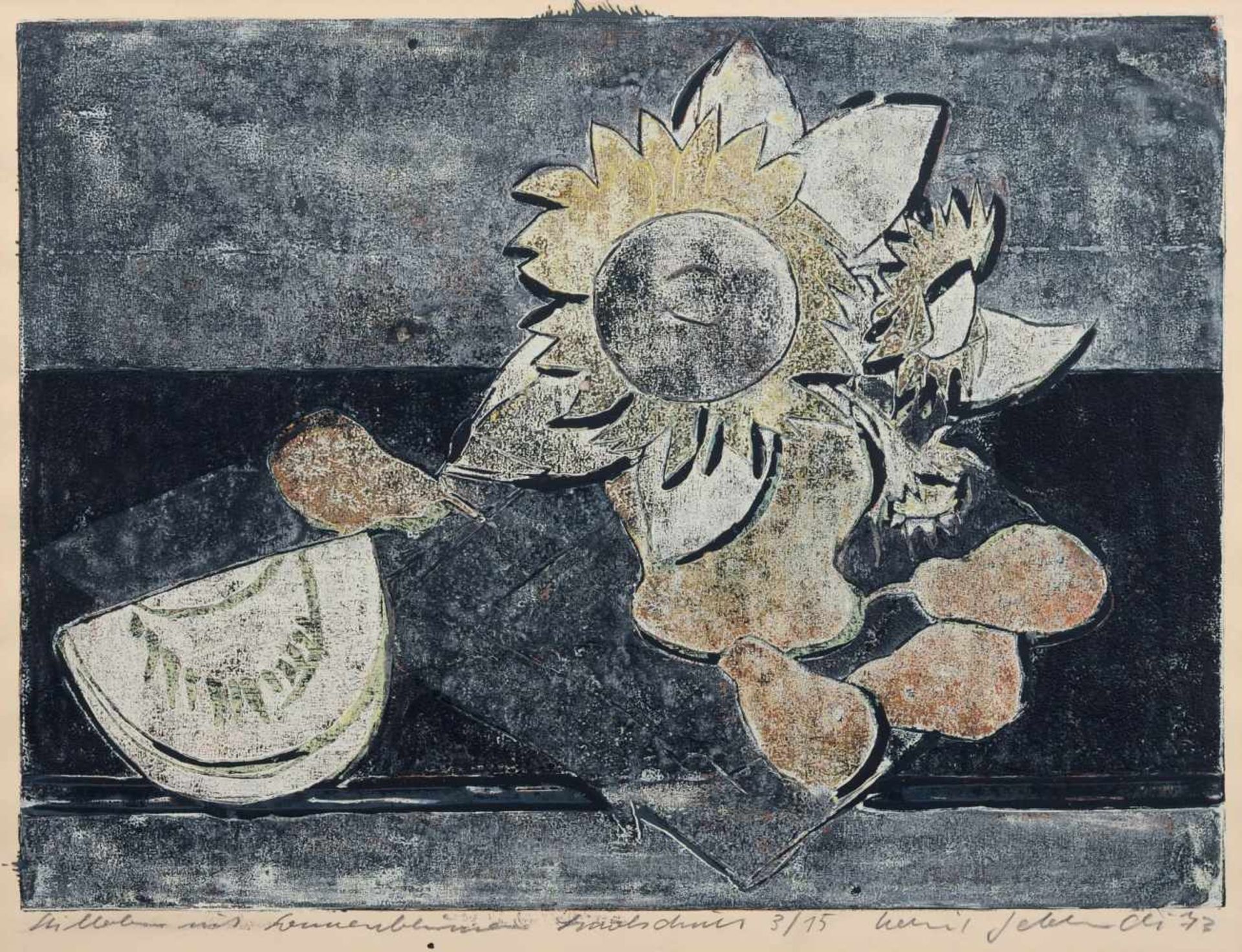 Helmut Gebhardt "Stillleben mit Sonnenblumen". 1973. Farblinolschnitt auf Velin. Unterhalb der