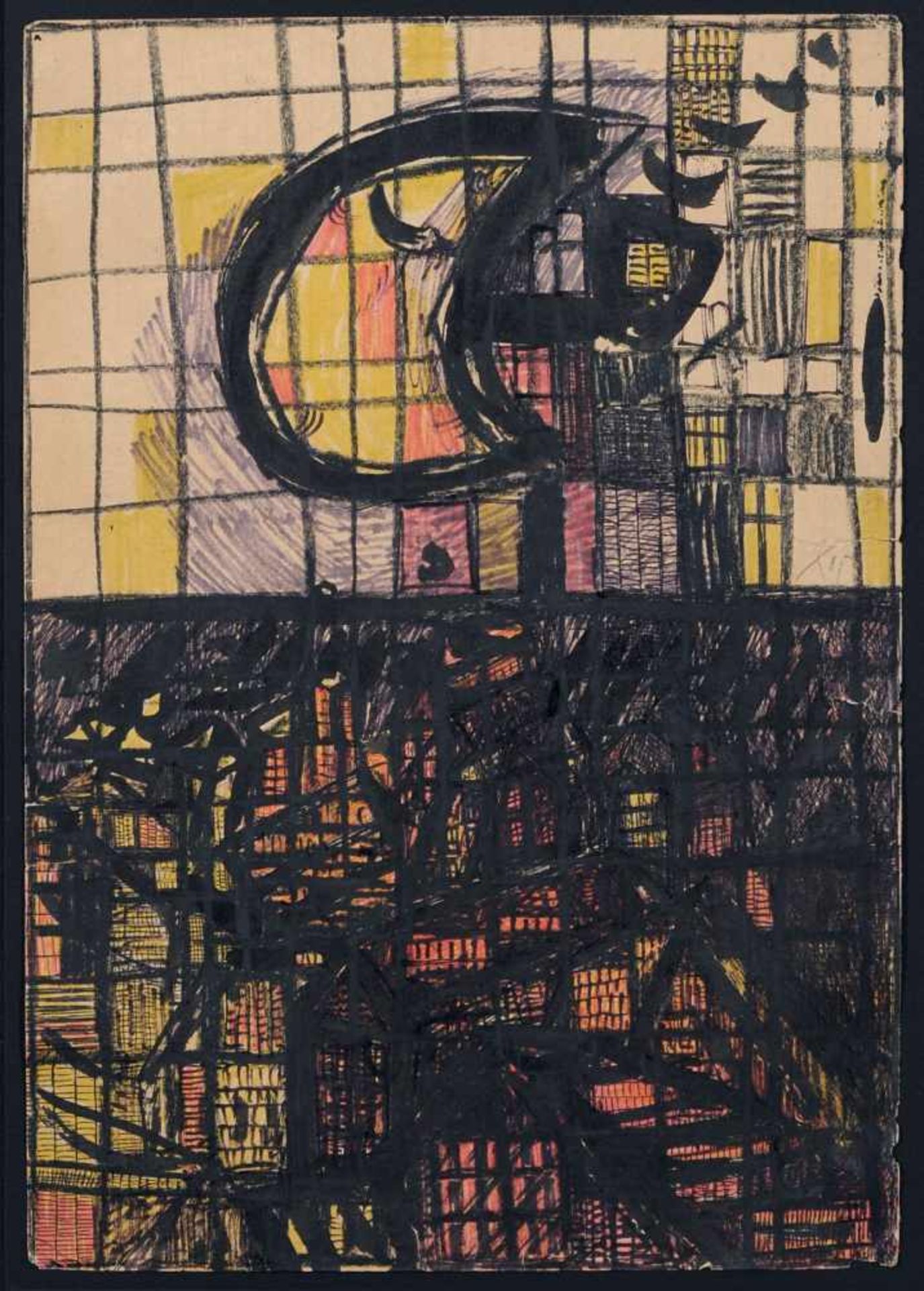 Andreas Küchler, Rauchender Mond über der Stadt. 1995. Mischtechnik (Tusche, Kreide, Faserstift) auf