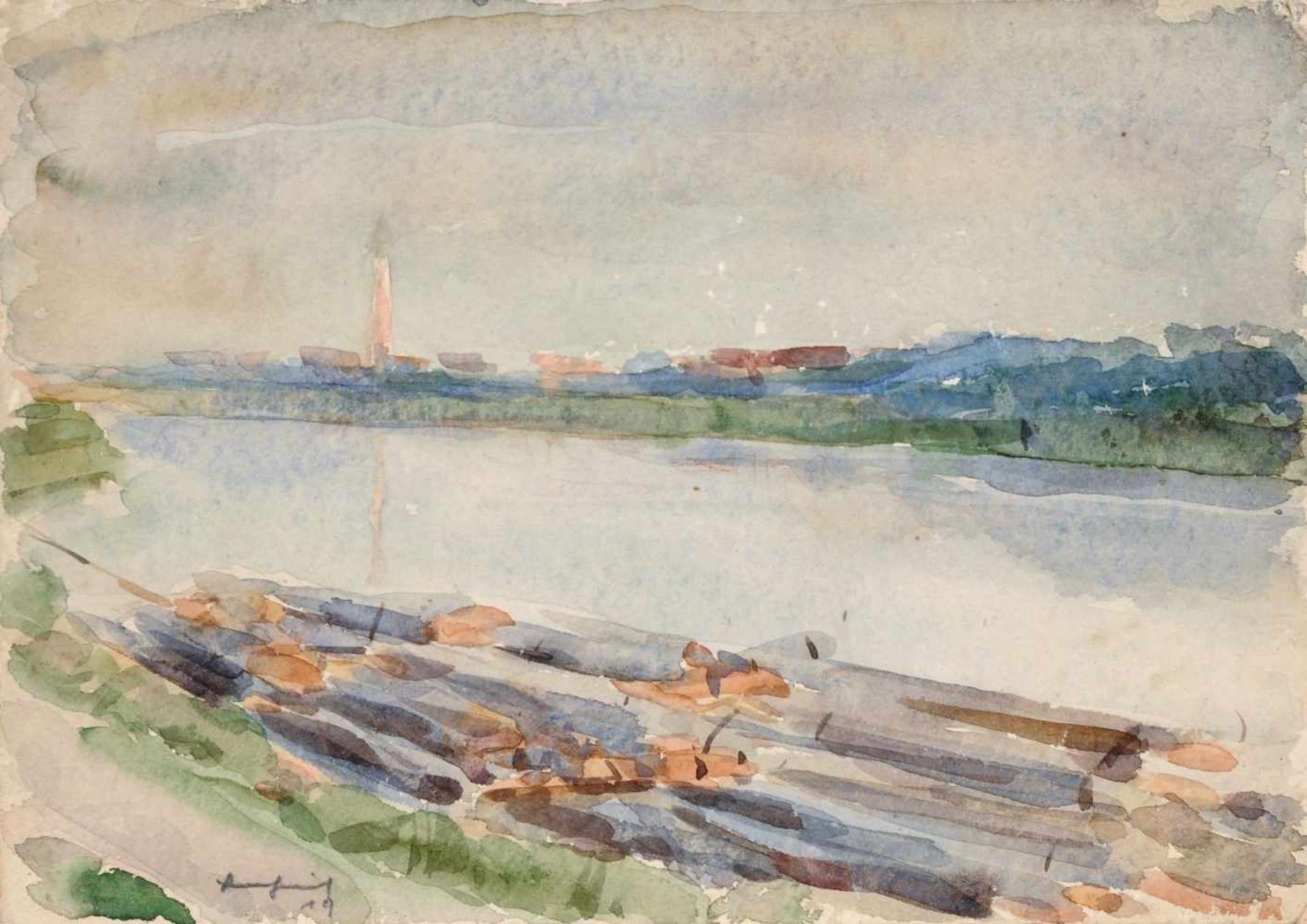 Wilhelm Lachnit "Fischkutter am Landungssteg". 1919. Aquarell über Rötel auf festem Papier. In