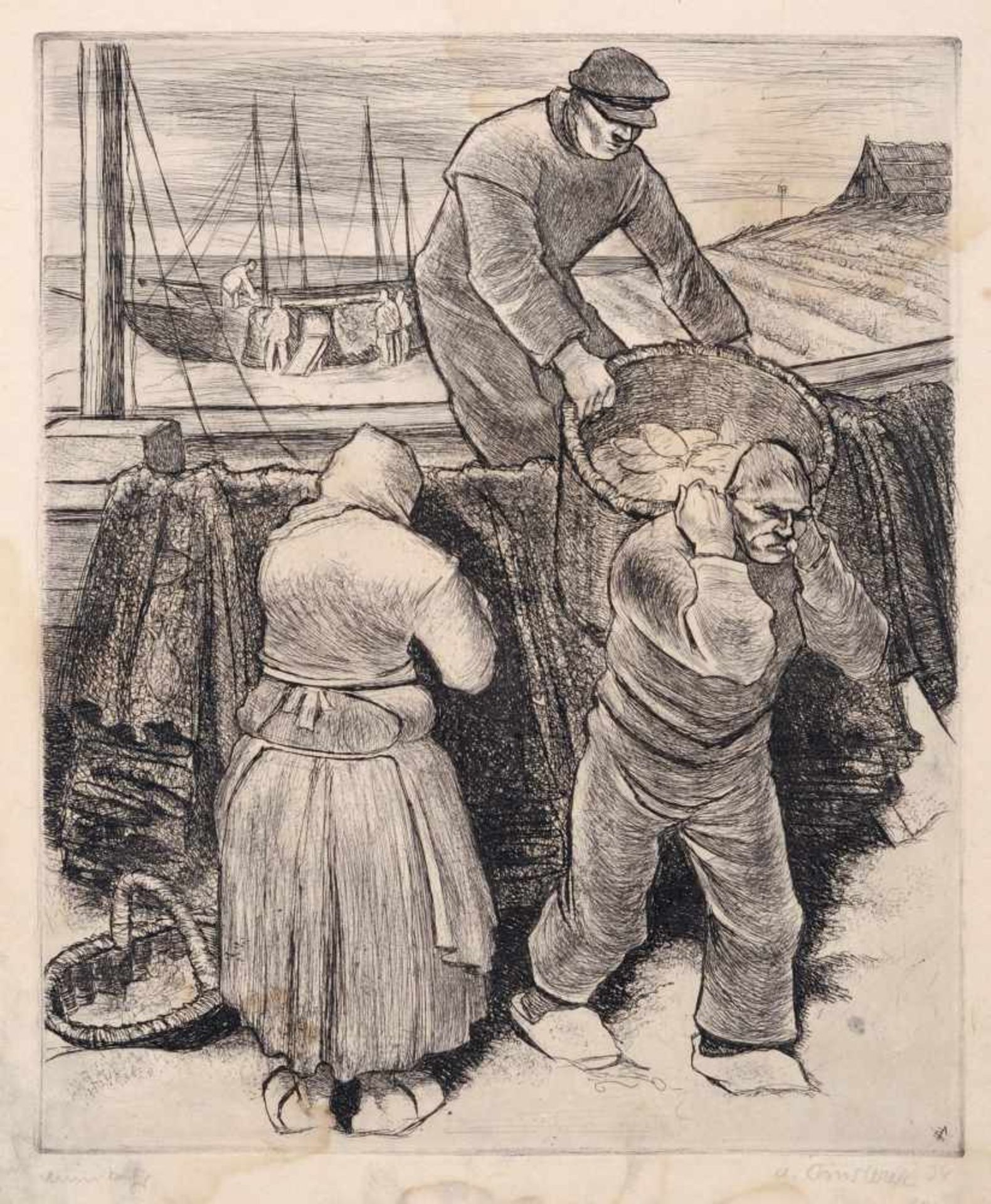 Alfred Finsterer "Beim Wehr" / "Die Eisfischer am Haff" / "Netze trocknen". 1934/1935. Radierungen - Bild 3 aus 3