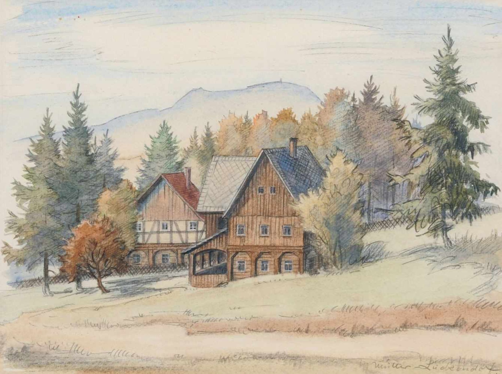 Willy Müller-Lückendorf "Haus Huldisch i. Lückendorf mit Blick zum Hochwald". 1959. Kreidezeichnung,