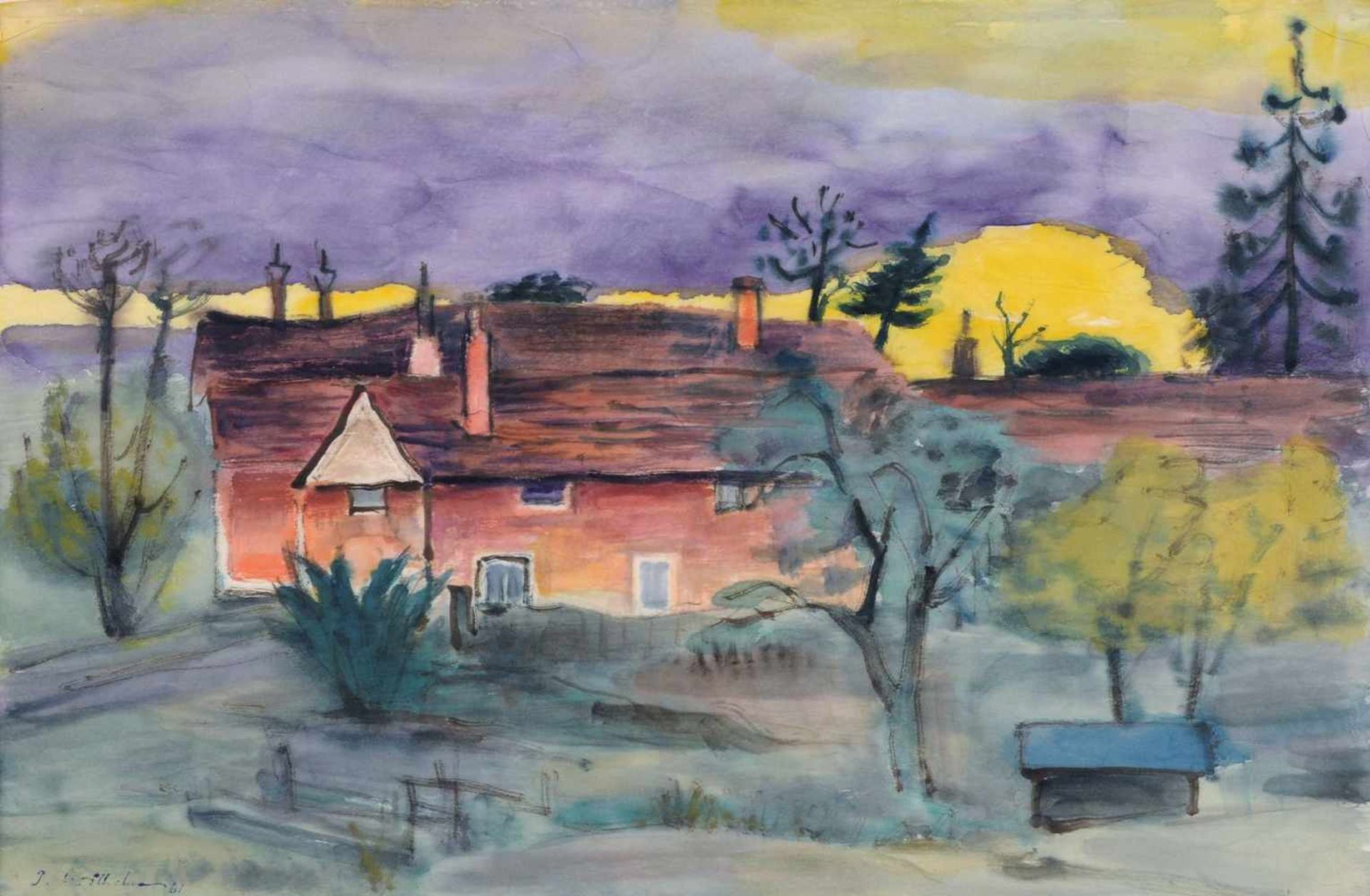 Paul Wilhelm "Landhaus in England". 1961. Aquarell auf Japan. Signiert u.li. "P. Wilhelm" und