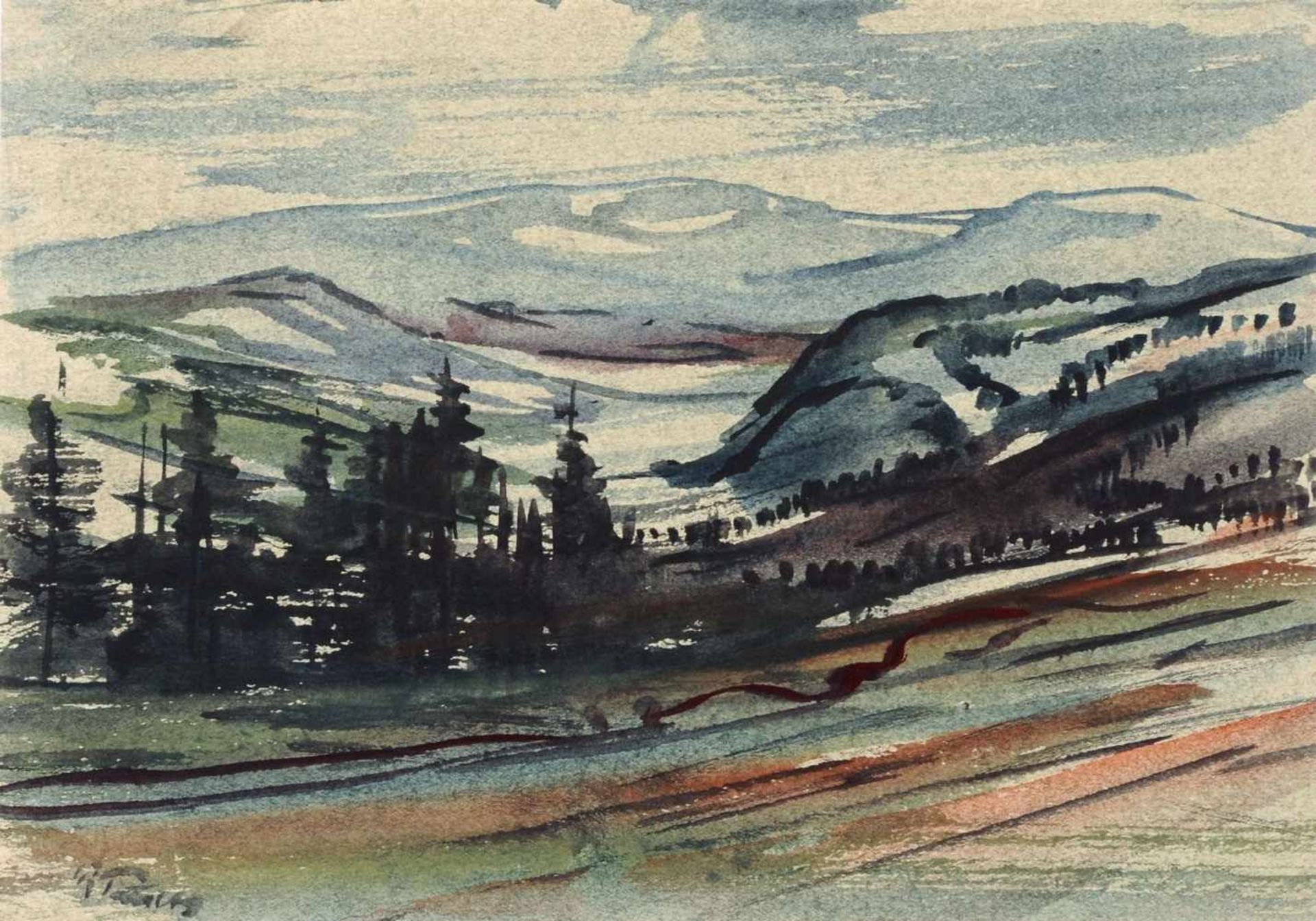 Richard Pusch "Landschaft aus dem Erzgebirge". 1948. Aquarell auf kräftigem Papier. An den beiden