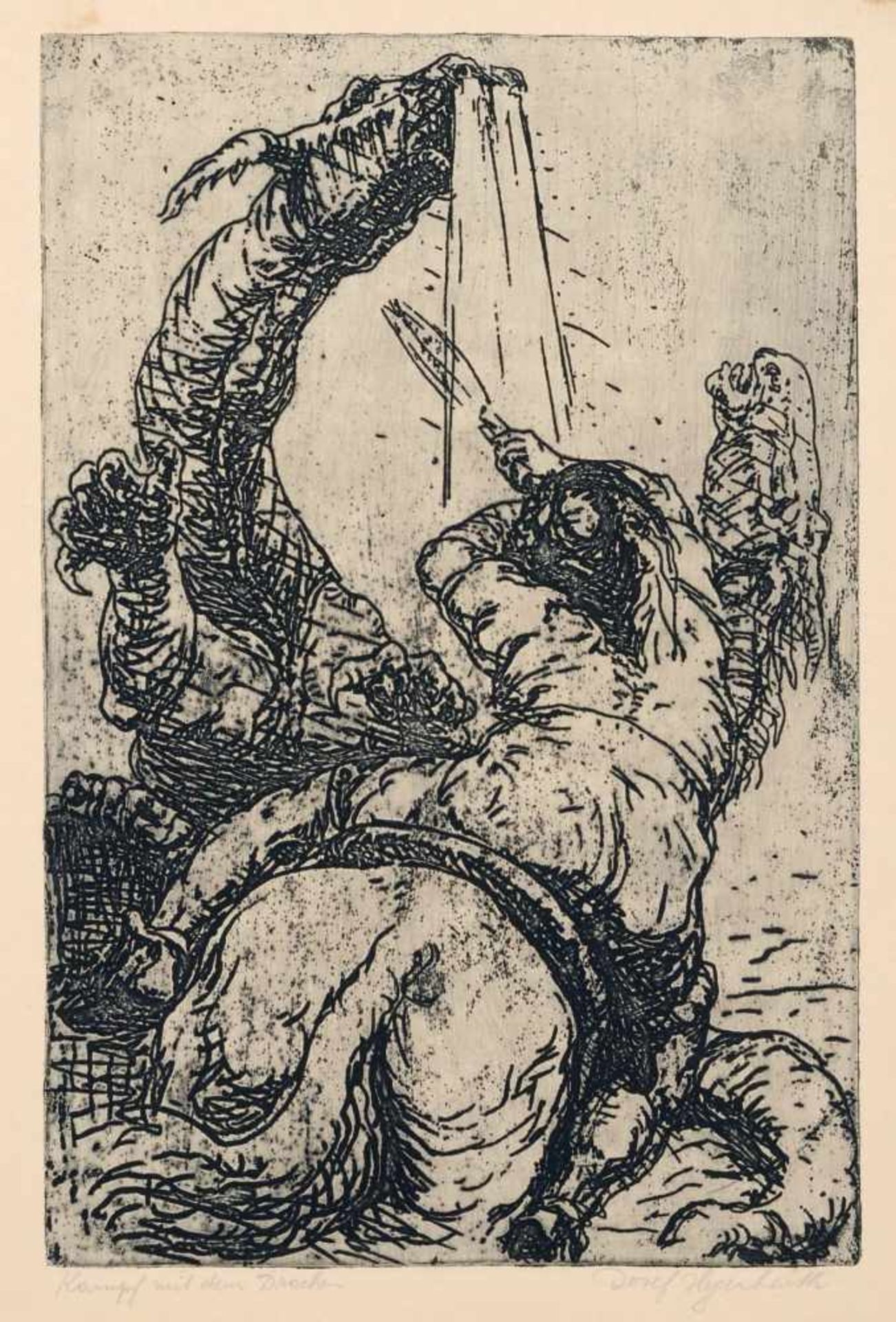 Josef Hegenbarth "Kampf mit dem Drachen". Um 1920. Radierung mit Plattenton auf wolkigem Papier.