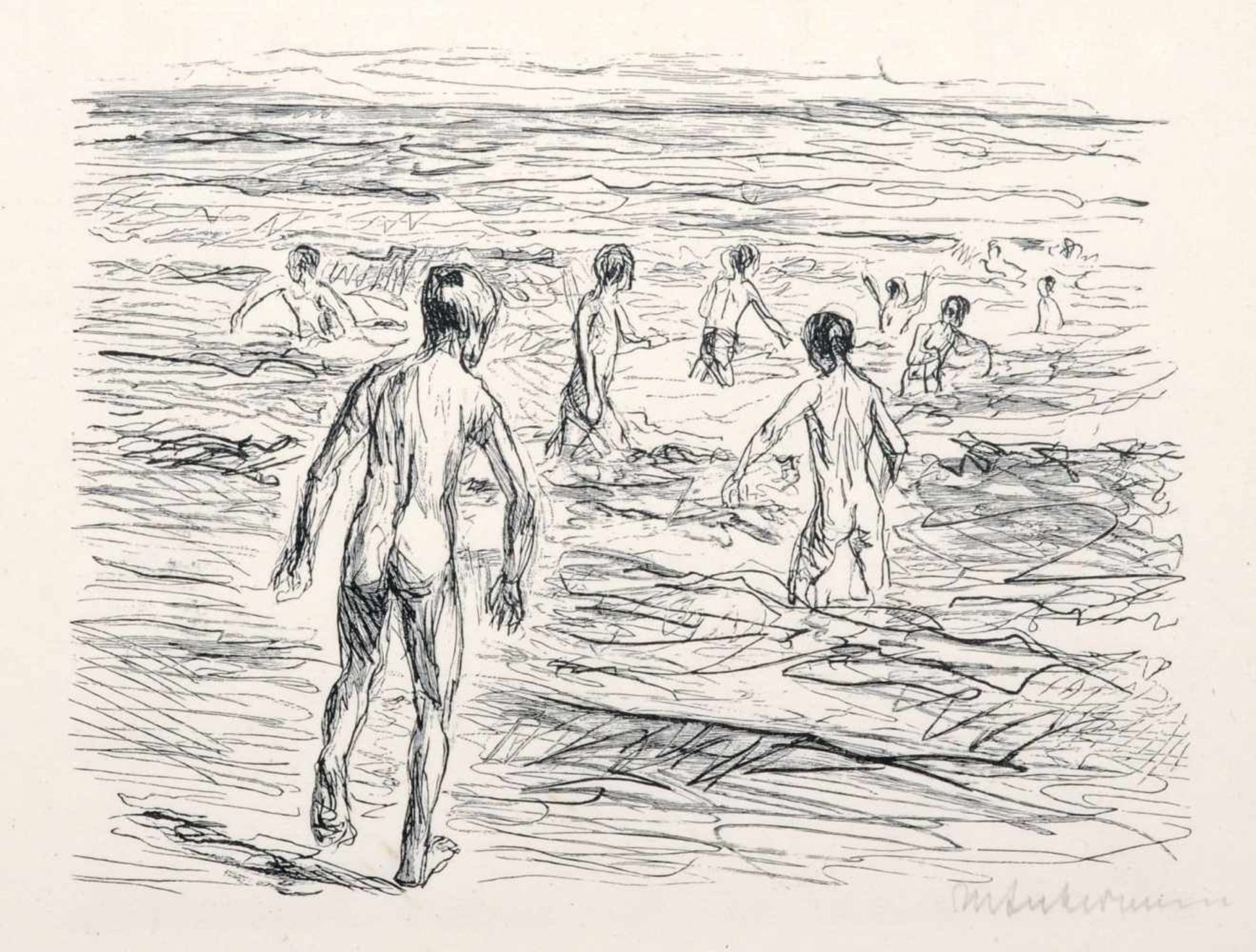 Max Liebermann "Jungen beim Baden". Um 1925. Holzschnitt auf China. In Blei u.re. signiert "