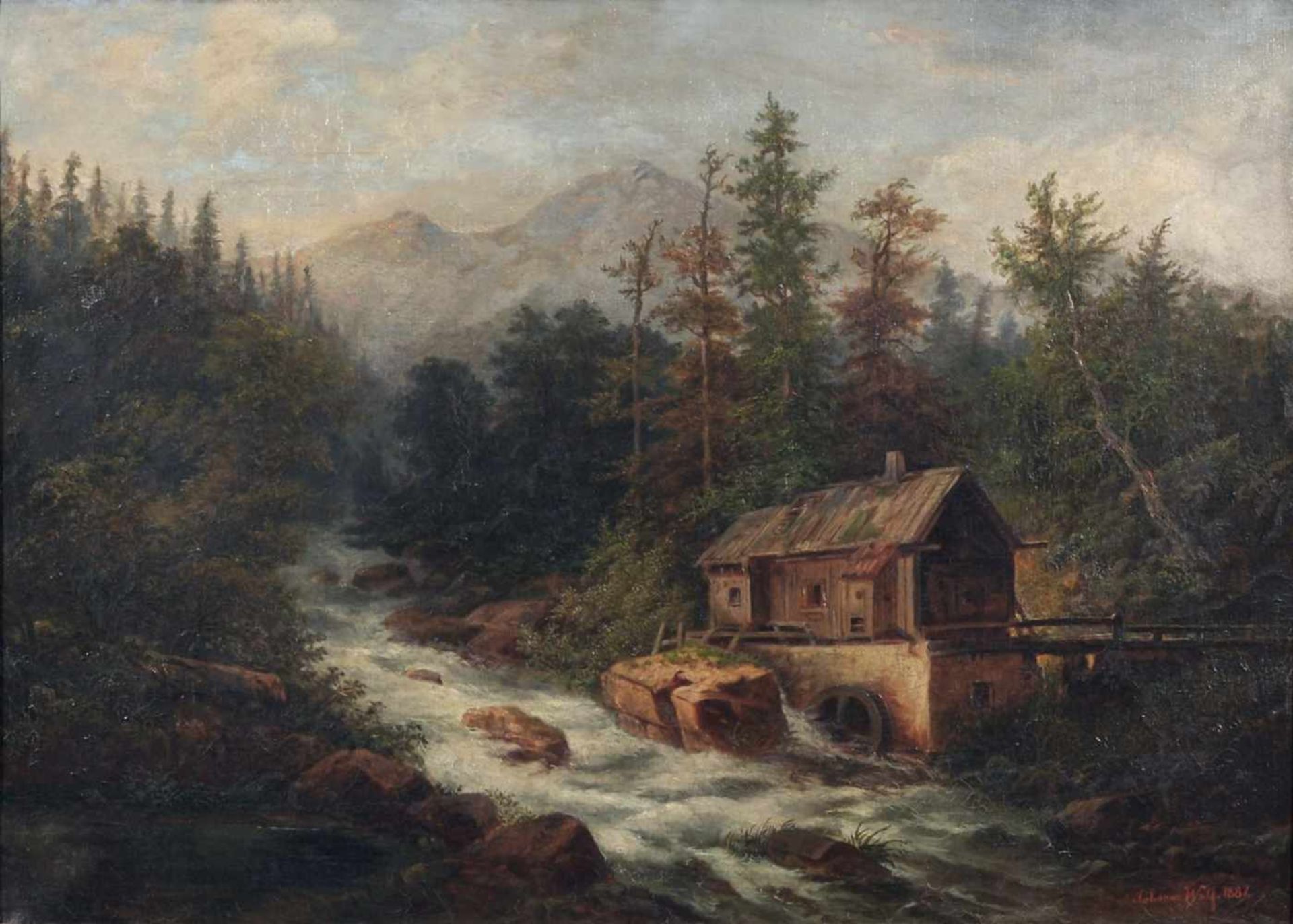 Johanna Wolf, Landschaft mit Wassermühle. 1887. Öl auf Leinwand. Signiert "Johanna Wolf und