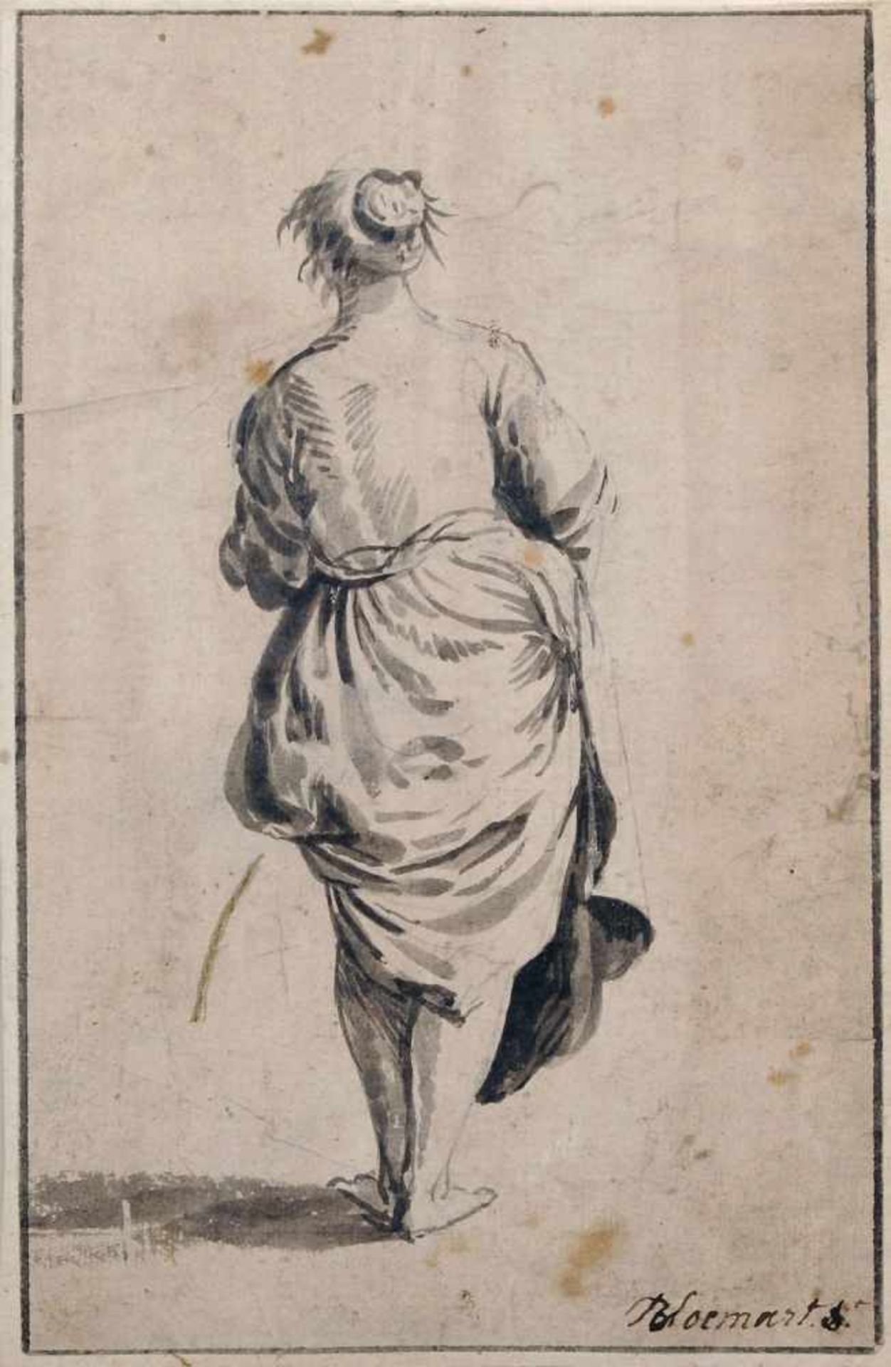 Niederländischer Künstler (?), Rückenansicht einer jungen Bäuerin. Wohl 18. Jh. Feder- und