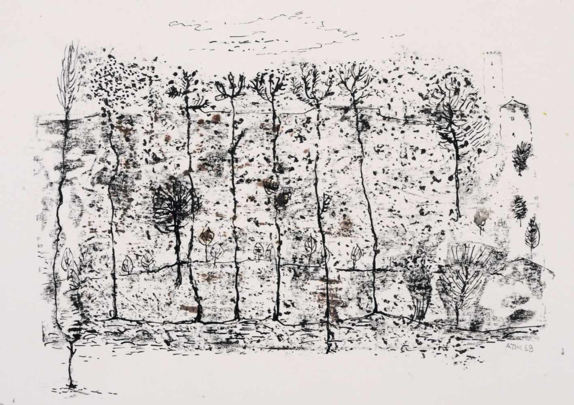 Alfred Traugott Mörstedt "Landschaft mit Bäumen und Burg". 1968. Lithografie, koloriert. Im Stein