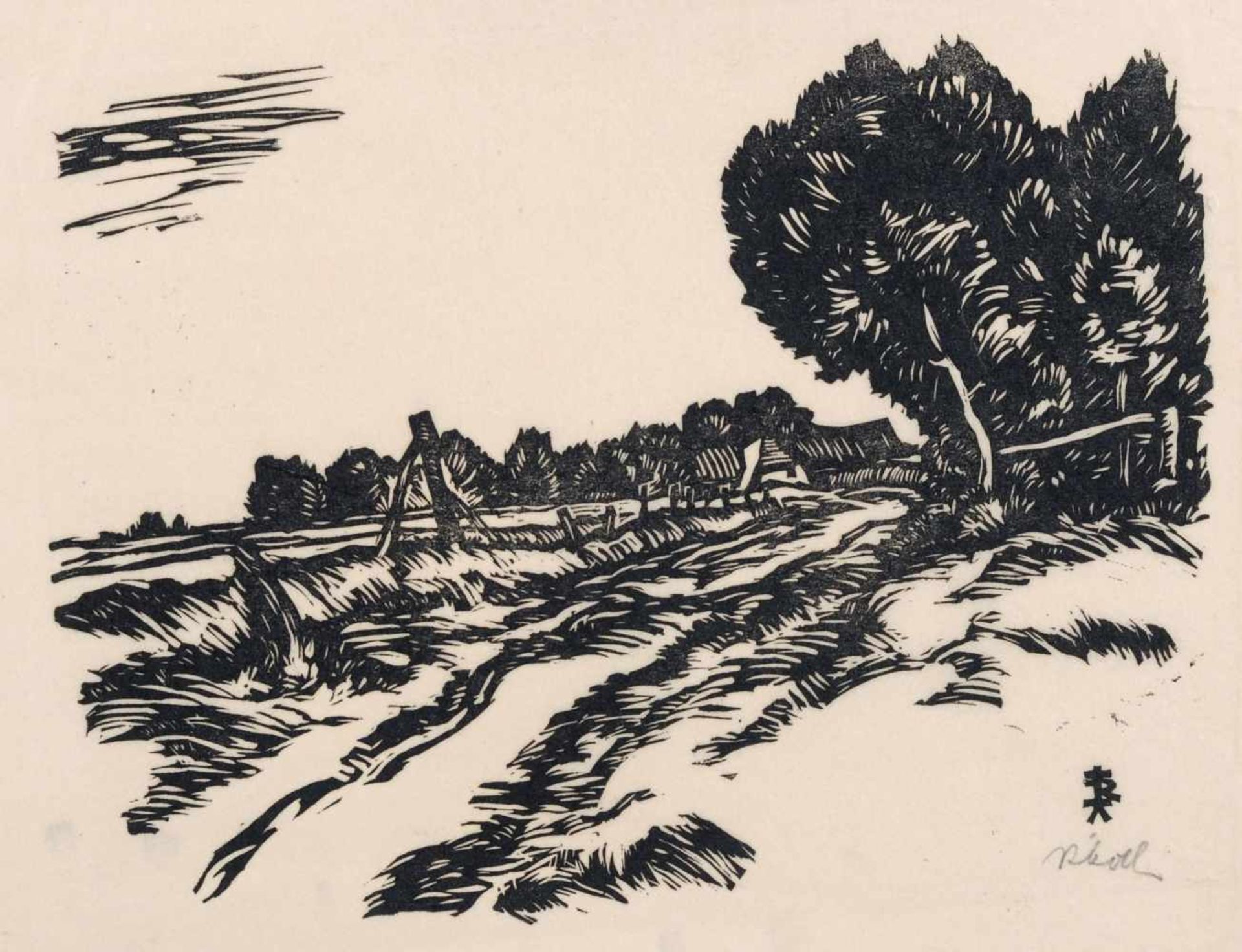Rudolf Koch "Dorfweg auf Föhr" / "Feldweg auf Föhr". 1936. Lithografie auf Bütten und Holzschnitt