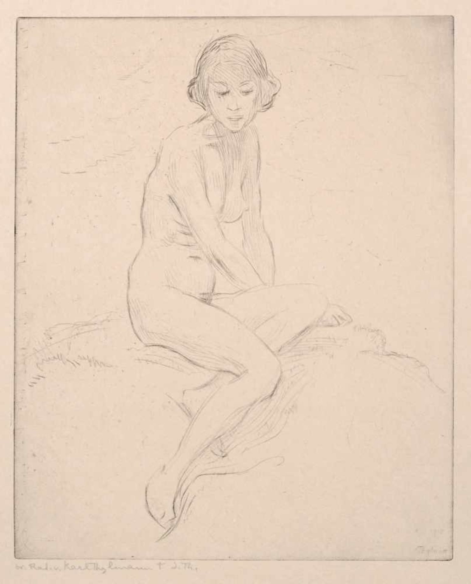 Karl Thylmann "Sitzendes Mädchen" (Akt). 1913. Radierung auf Bütten. In der Platte signiert "