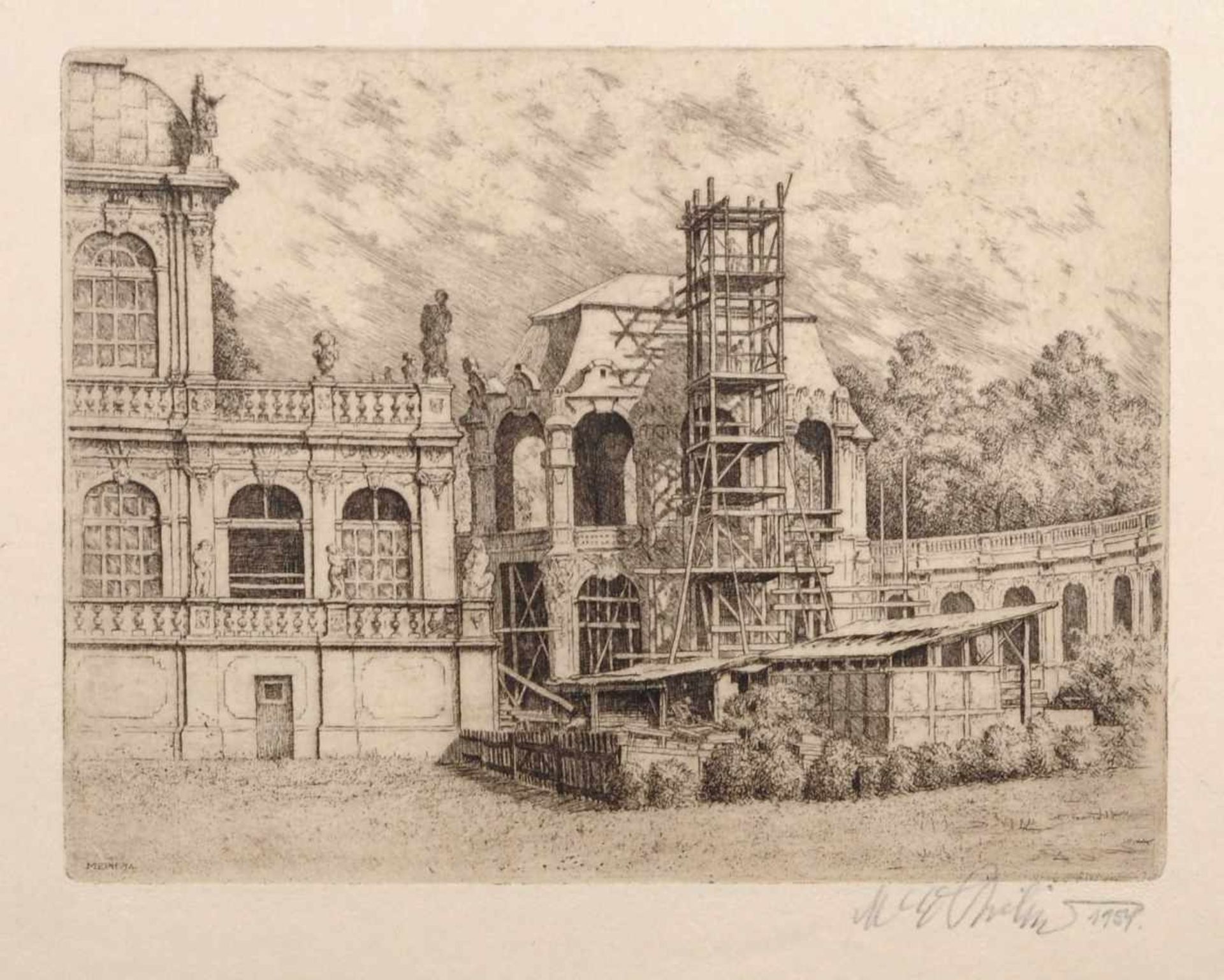 Martin Erich Philipp (MEPH) "Zwinger-Aufbau". 1954. Radierung in Schwarzbraun mit Plattenton auf