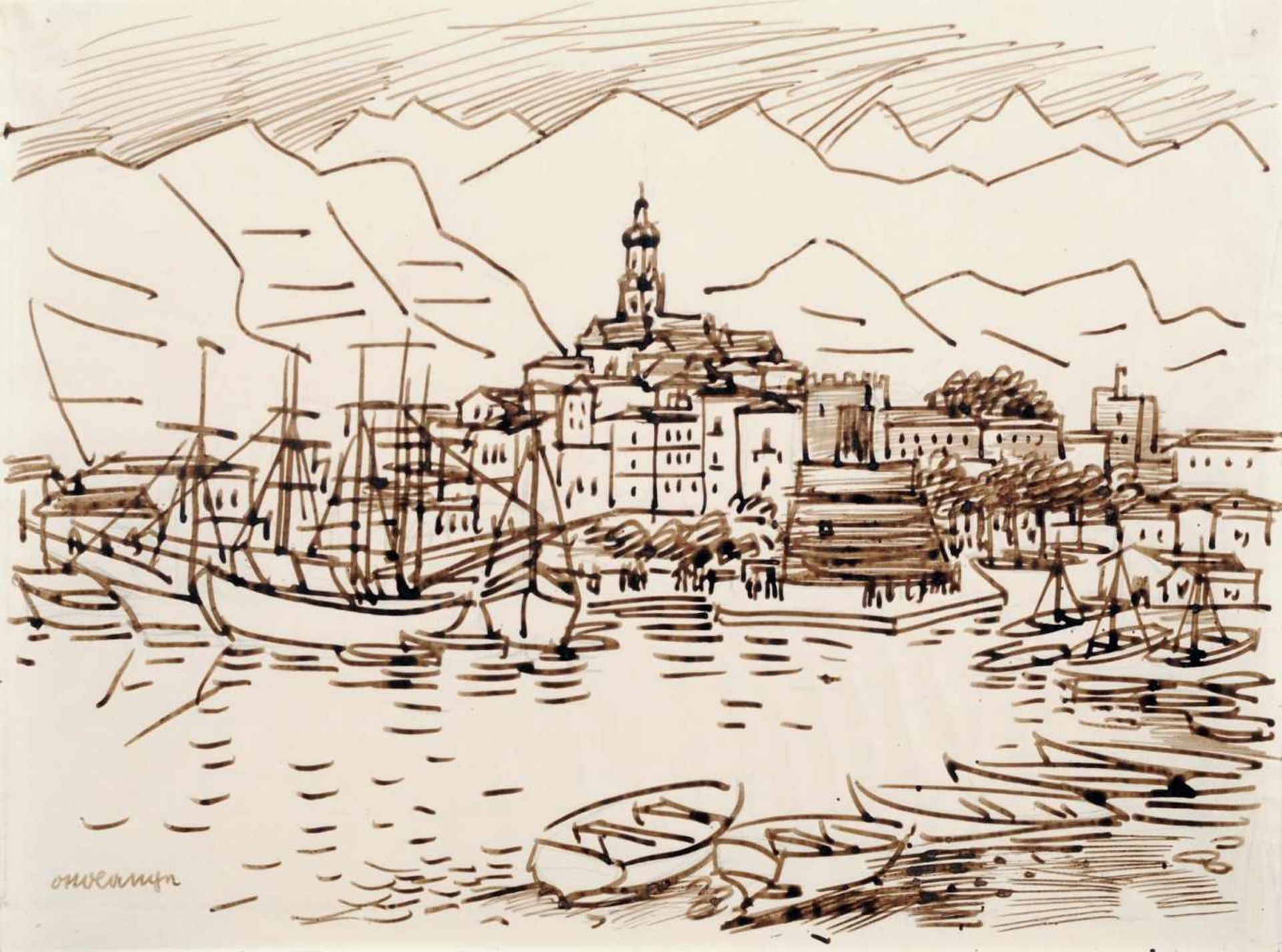 Otto Paul Lange, Südlicher Hafen (am Gardasee?). Wohl um 1922. Federzeichnung (Rohrfeder) in brauner