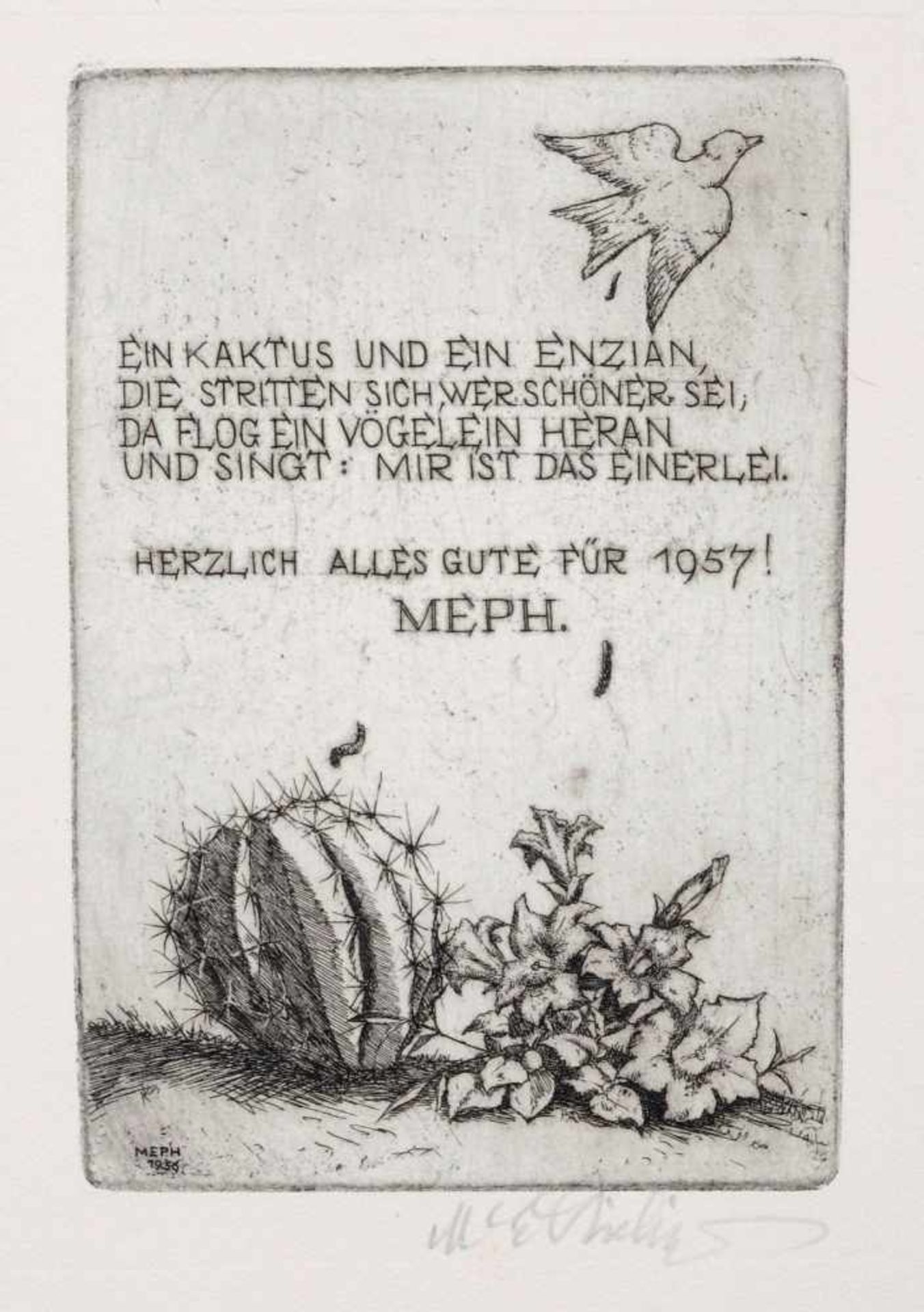 Martin Erich Philipp (MEPH), Neun Neujahrsgrüße und zwei Gebrauchsgrafiken. 1940er-1960er Jahre. - Bild 10 aus 11