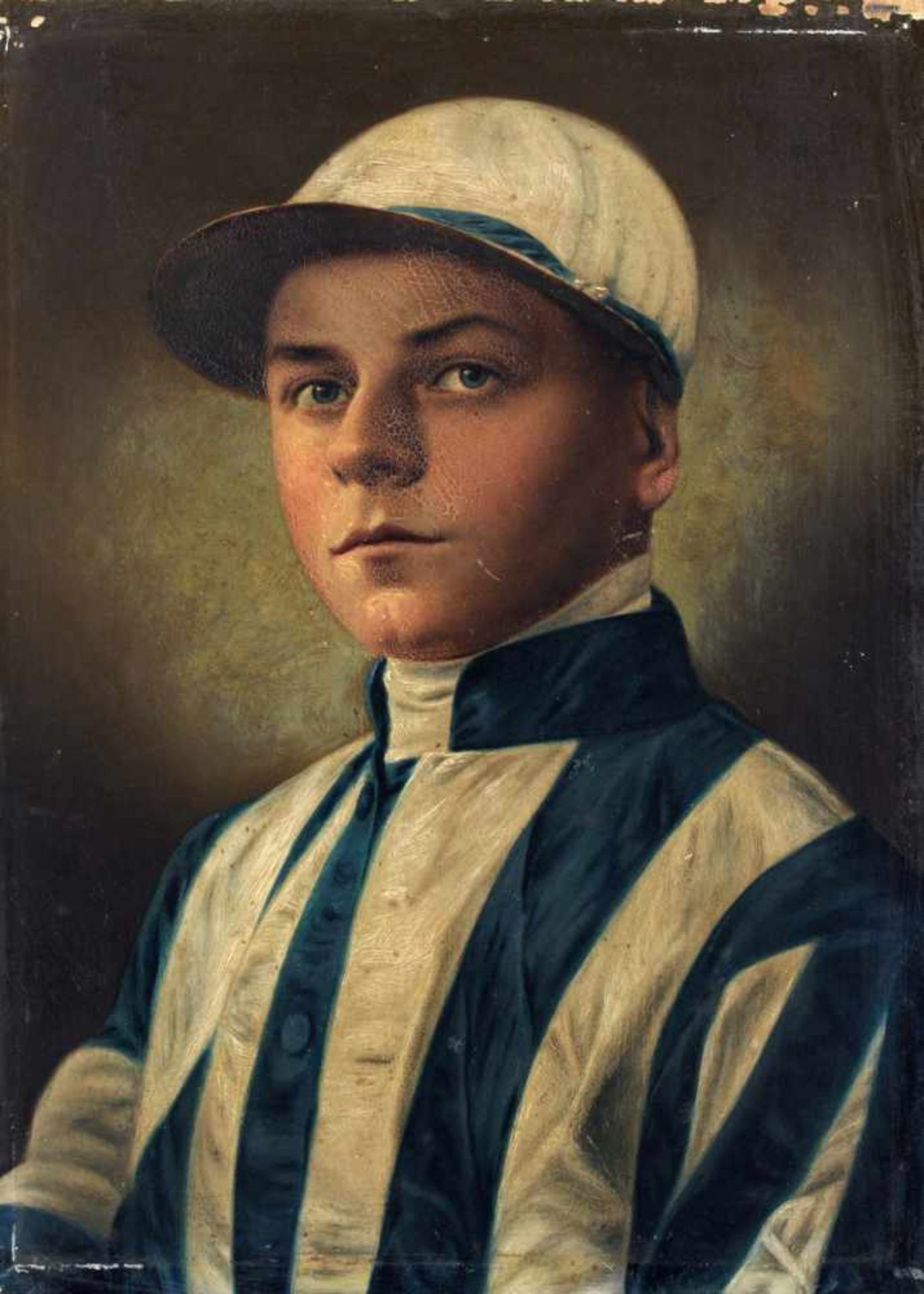 Unbekannter Künstler, Porträt des Jockey Otto Schmidt. Um 1920. Öl auf Holz. Unsigniert. Verso