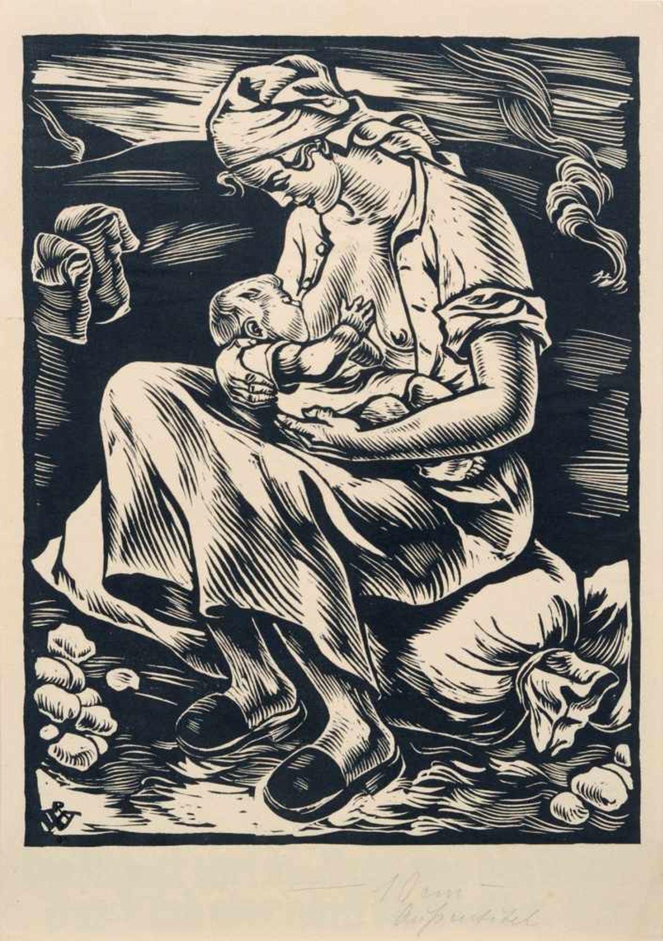 Rudolf Warnecke, Mutter beim Stillen / Fischer am Ufer. 1. H. 20. Jh. Holzschnitte auf feinem