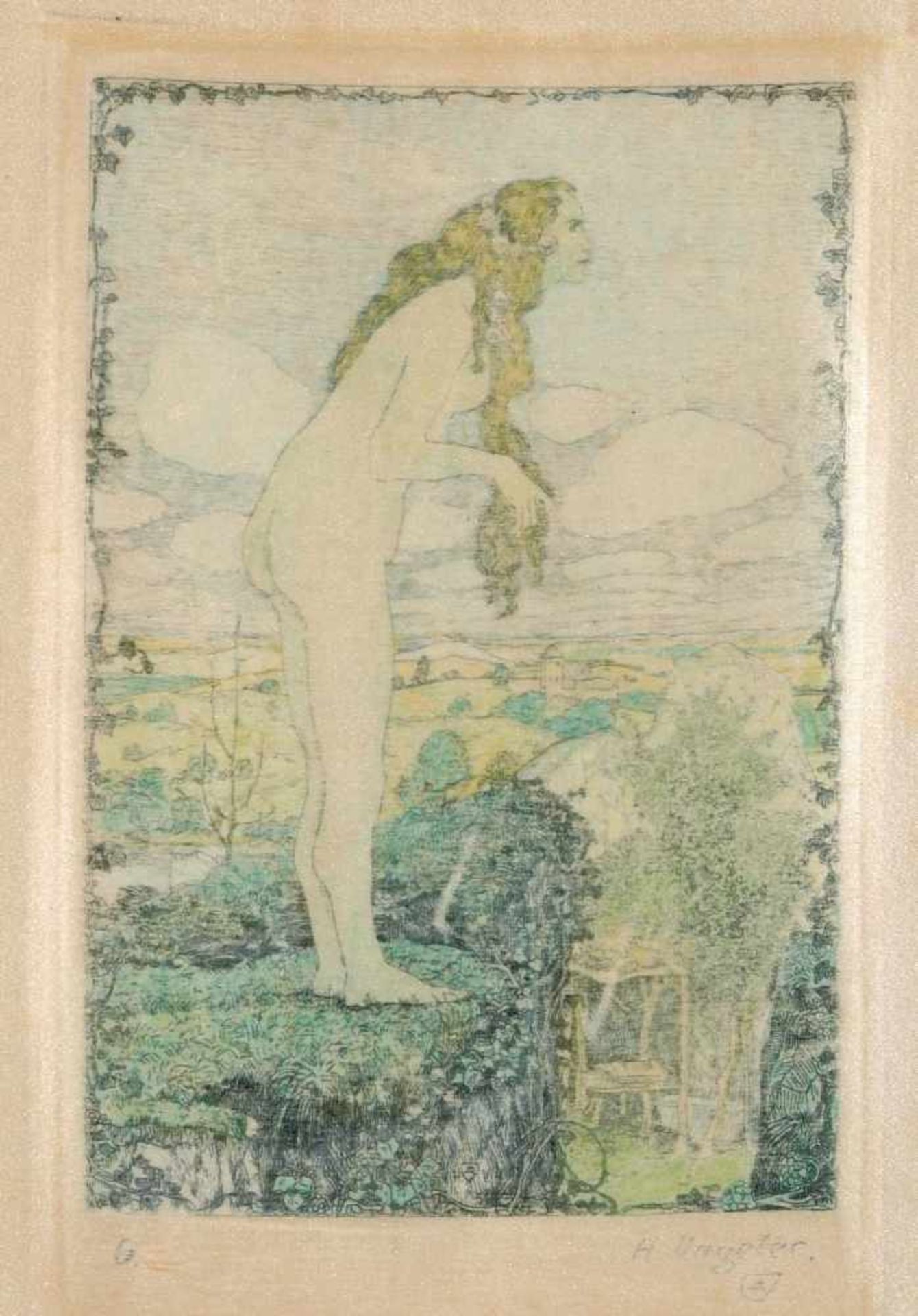 Heinrich Vogeler "Die Nymphe". 1907. Radierung und Kaltnadel, handkoloriert, auf Atlasseide.