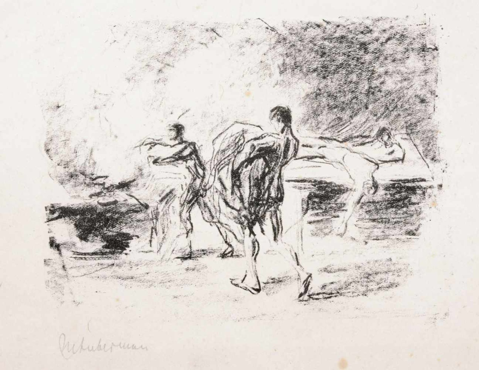 Max Liebermann "Die Pestleichen". 1915. Lithografie auf China. In Blei unterhalb der Darstellung li.