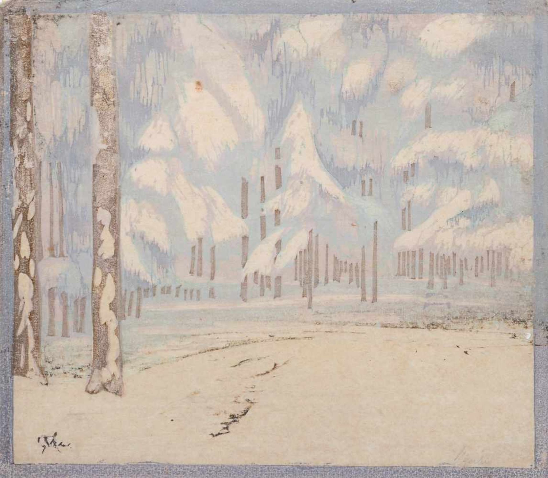 Margarete Geibel, Winterliche Flusslandschaft / Verschneite Waldlandschaft. Um 1915.