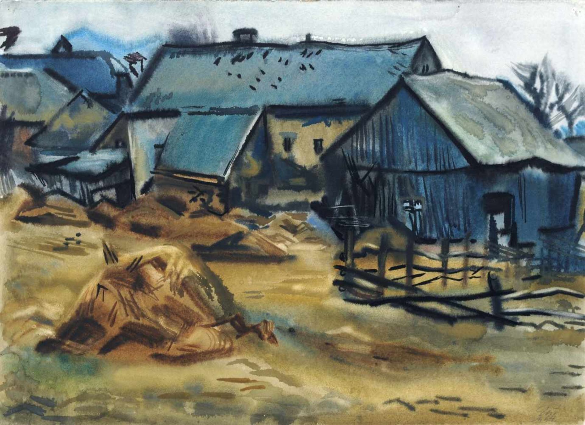 Curt Querner "Graues Gehöft". 1964. Aquarell auf "PM Fabriano"-Bütten. U.re. in Blei