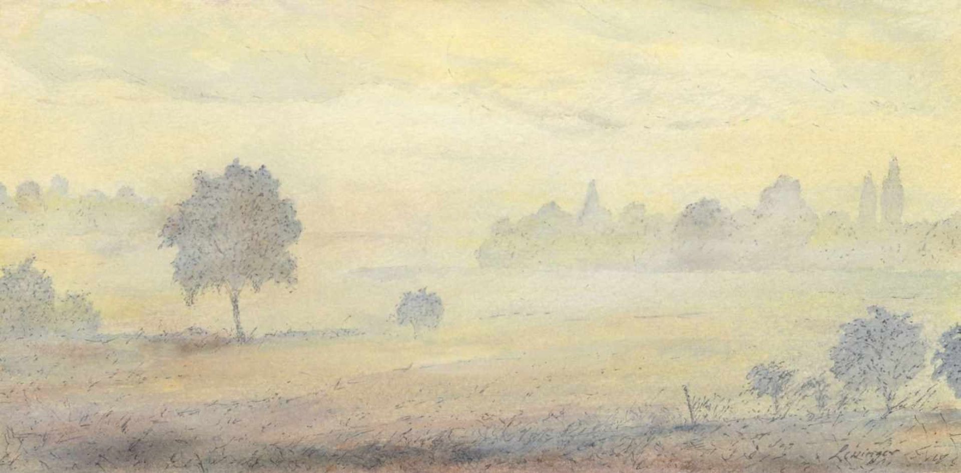 Ernst Lewinger, Landschaft im Morgennebel. 1979. Aquarell und Federzeichnung in Tusche. U.re. in